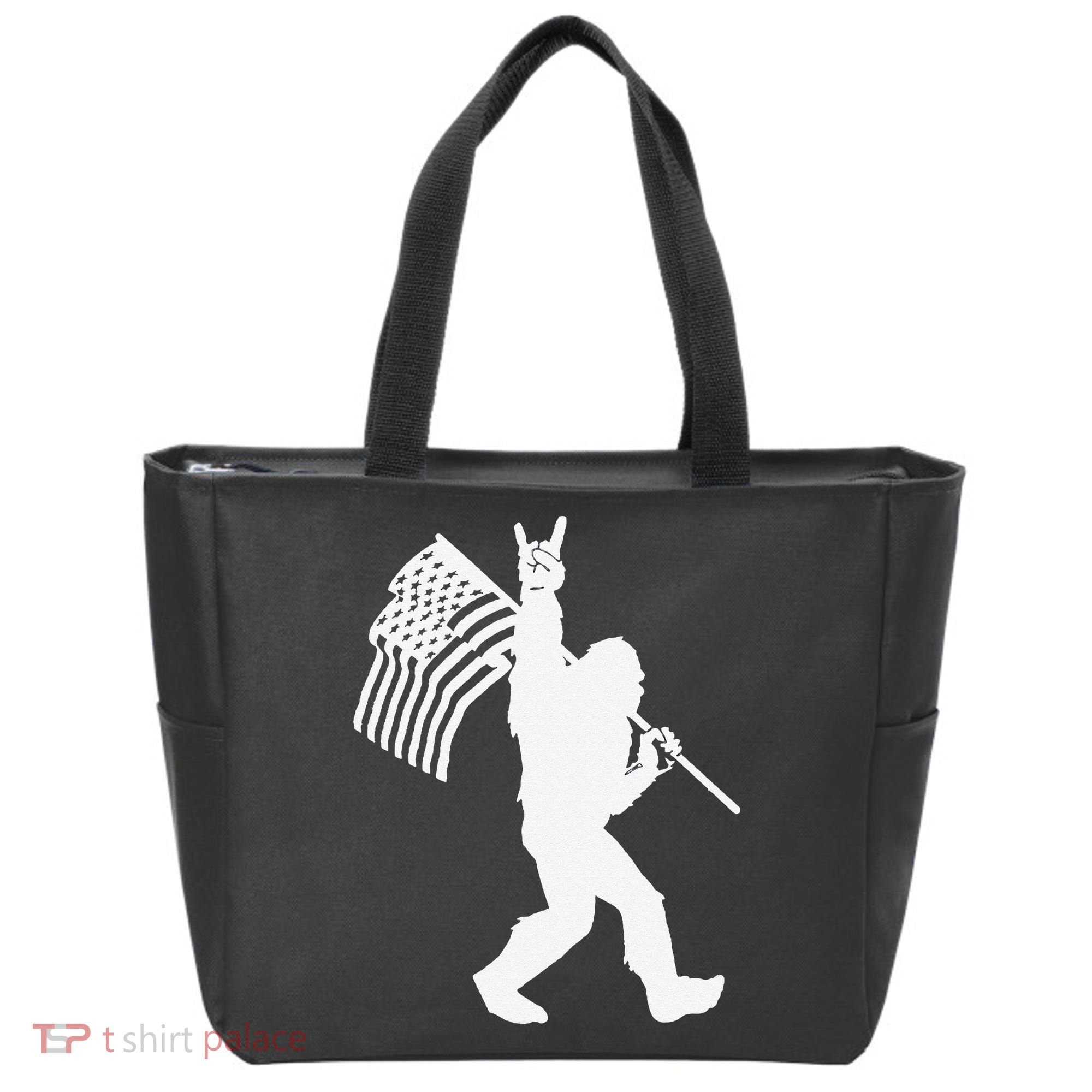 Funny Bigfoot Rock and Roll US Flag for Sasquatch Believers Tote Bag