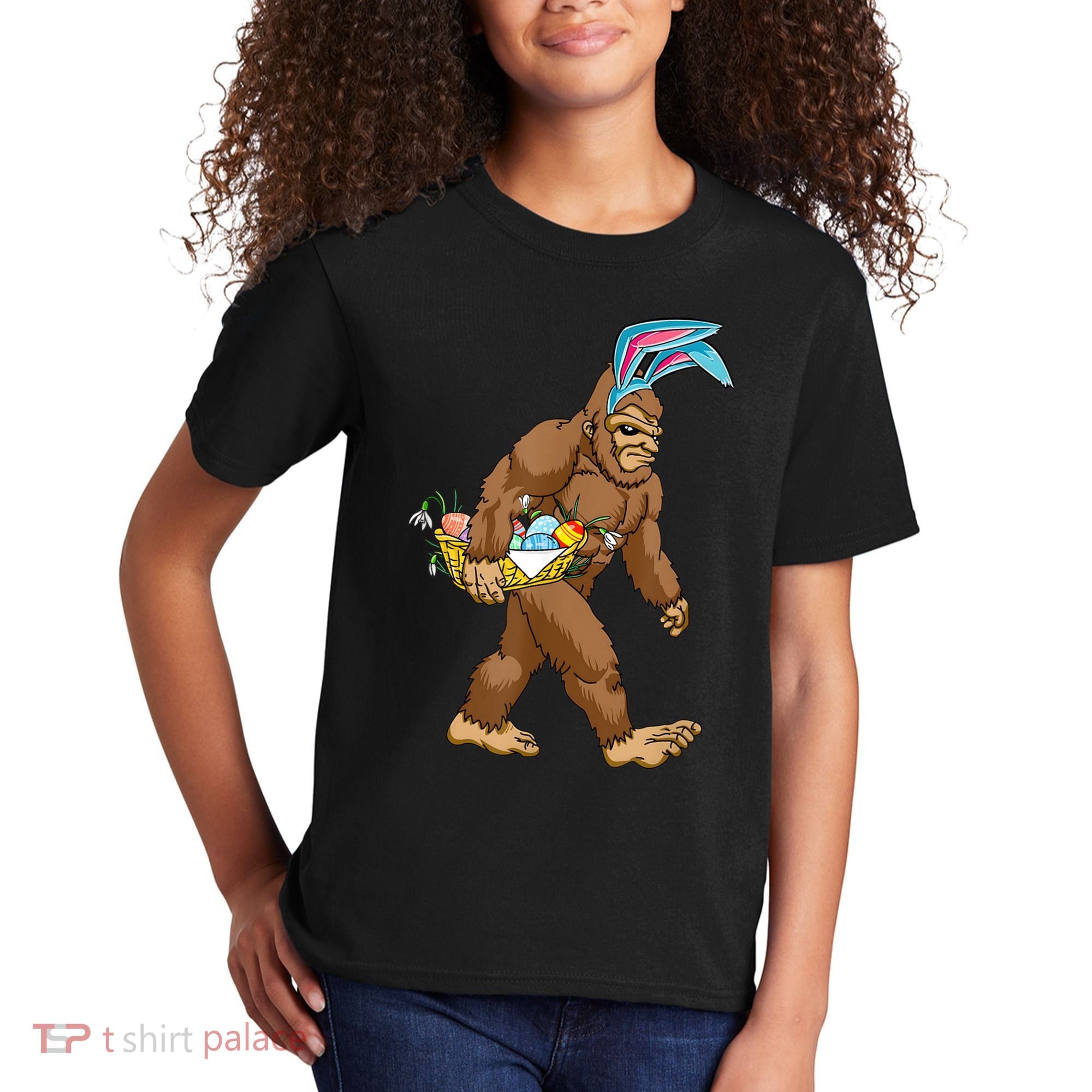 Funny Bigfoot Rabbit Carrying Eggs Yeti Easter Day  Wo Kids T-Shirt