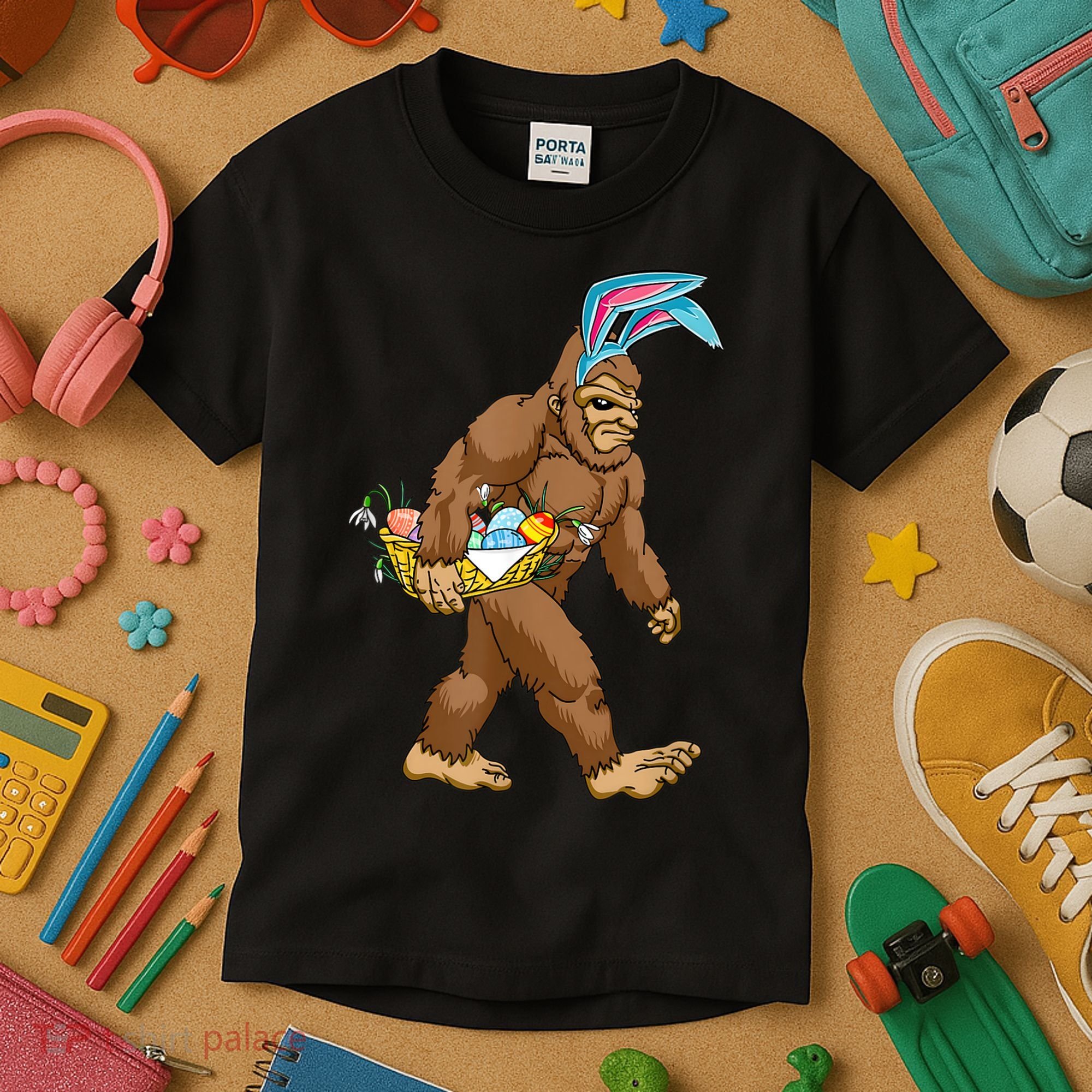 Funny Bigfoot Rabbit Carrying Eggs Yeti Easter Day  Wo Kids T-Shirt