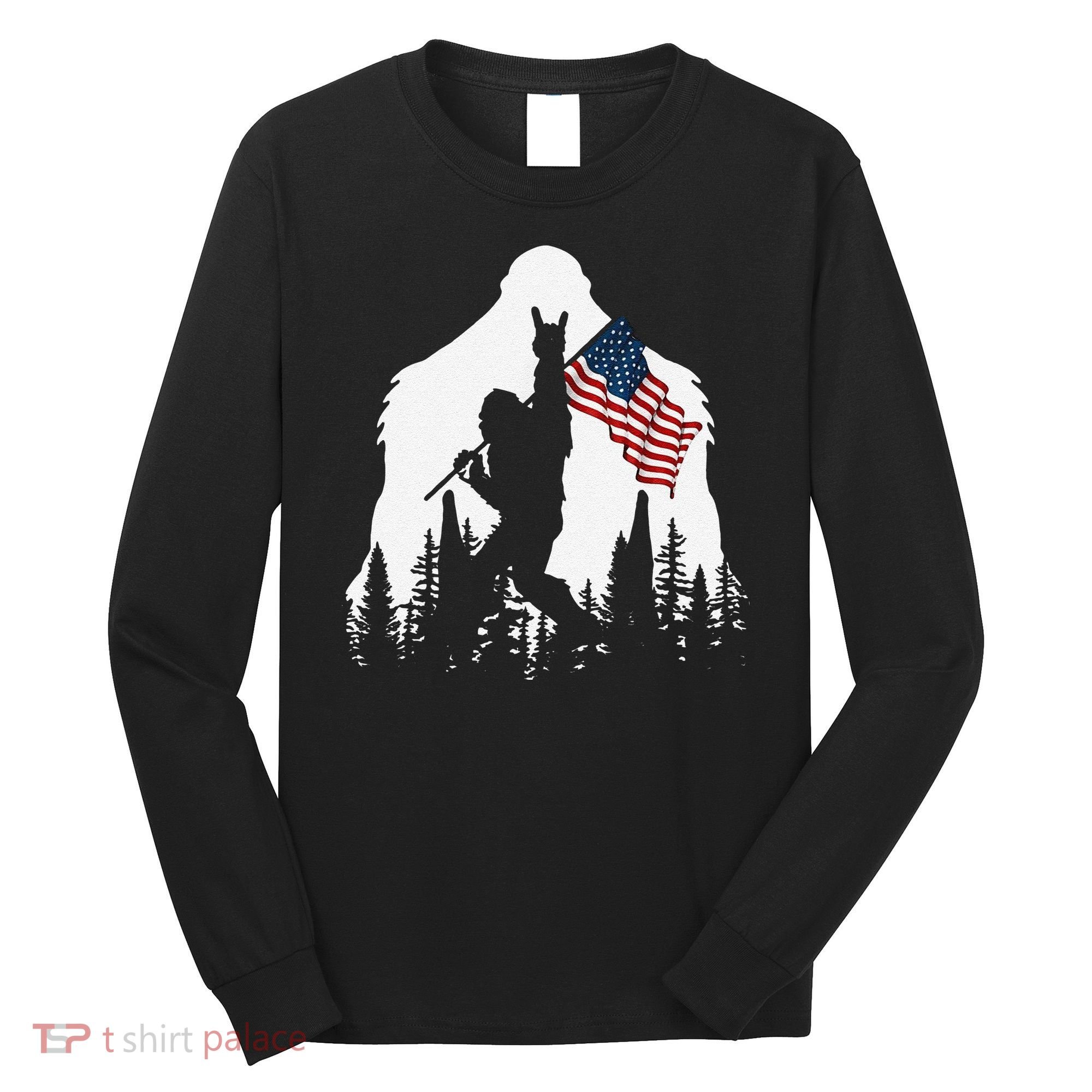 Funny Bigfoot Rock On Hold American Flag Sasquatch Believers Long Sleeve Shirt