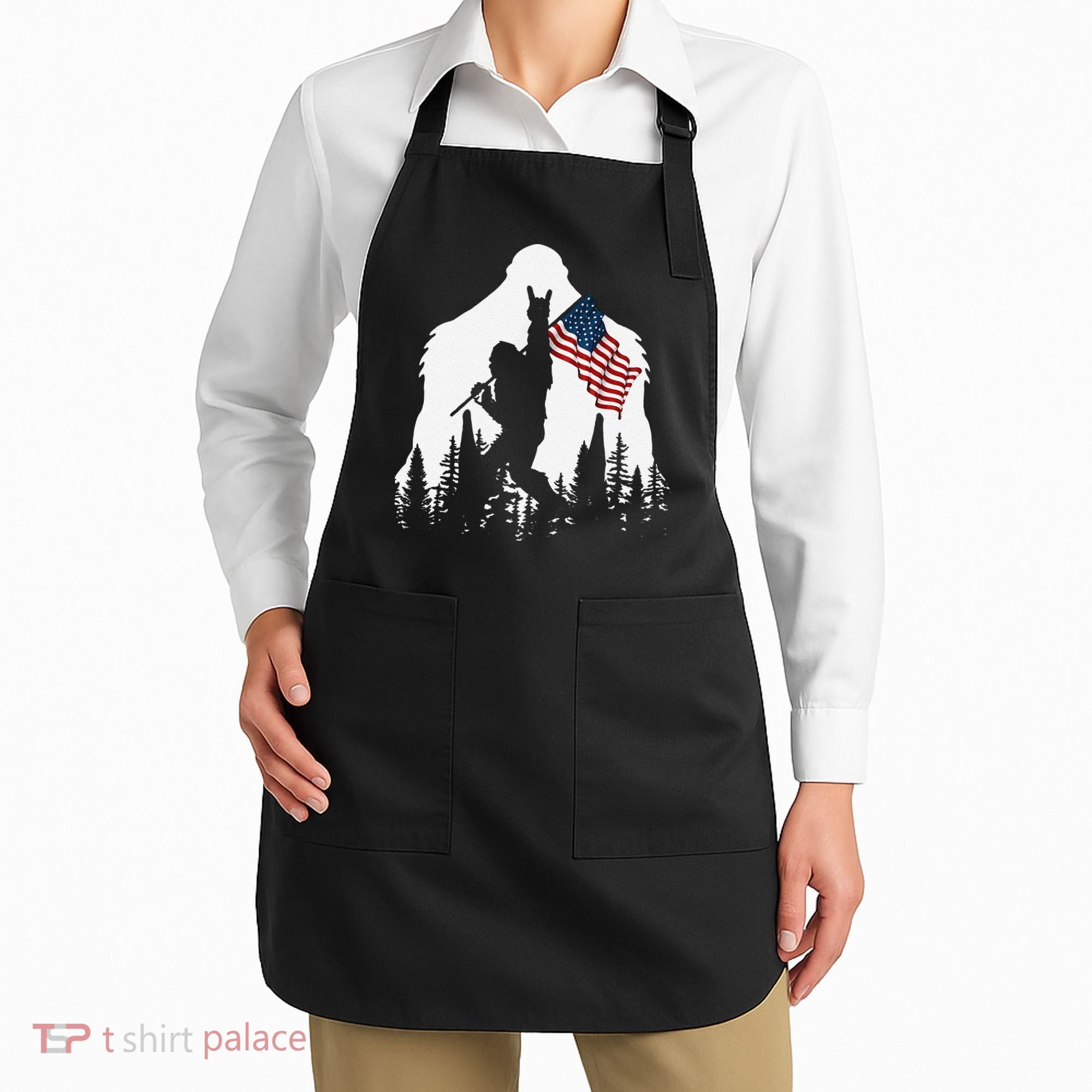 Funny Bigfoot Rock On Hold American Flag Sasquatch Believers Apron