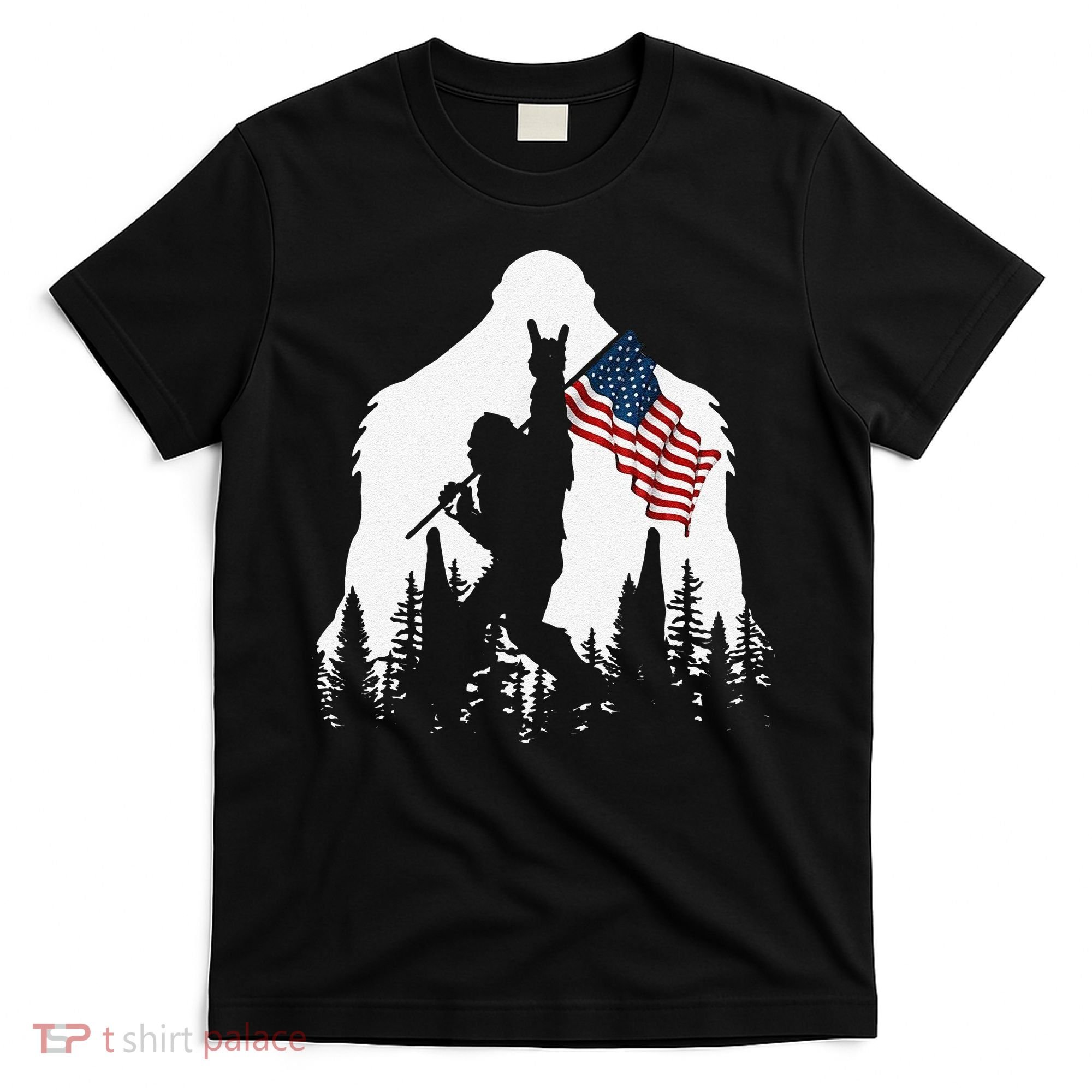 Funny Bigfoot Rock On Hold American Flag Sasquatch Believers T-Shirt