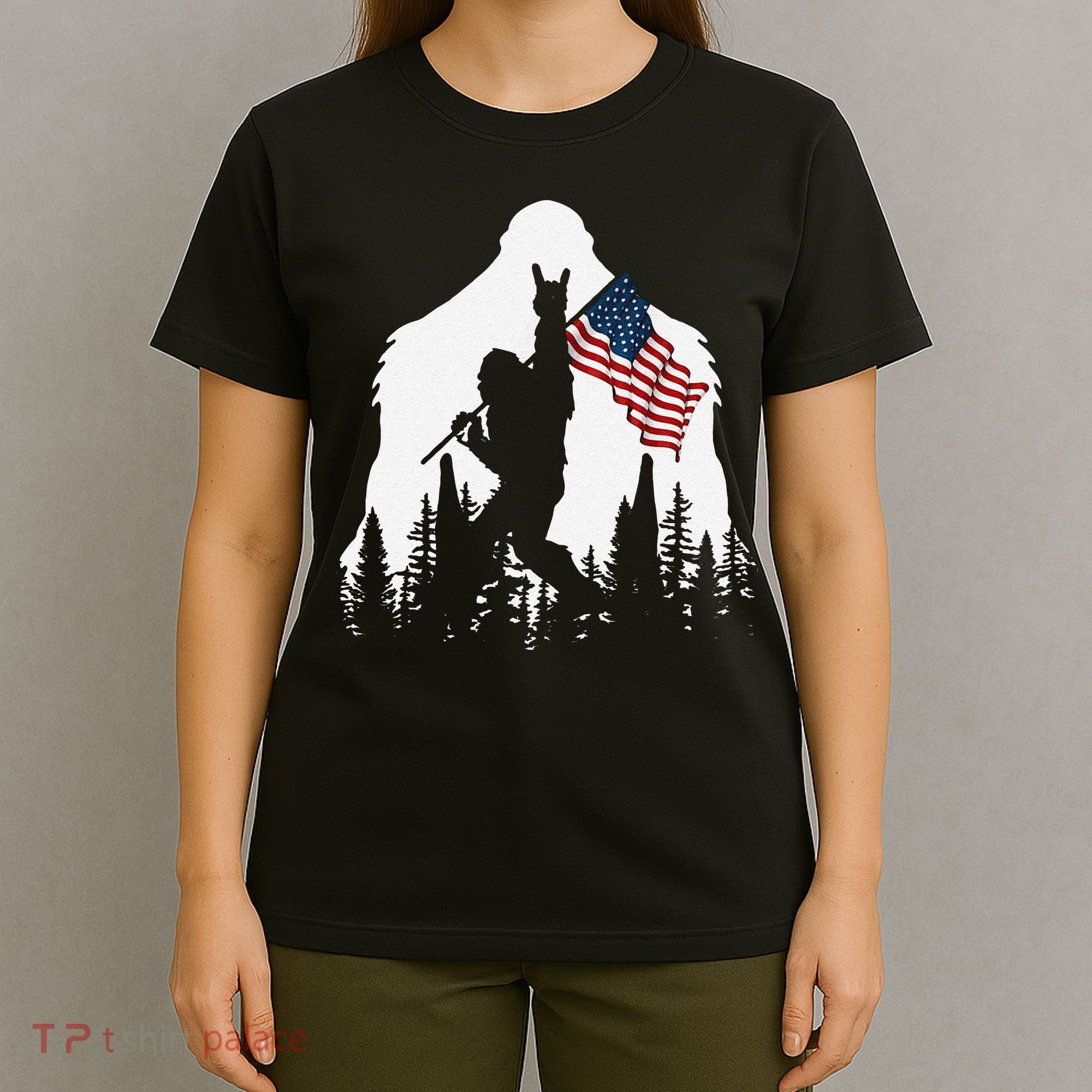 Funny Bigfoot Rock On Hold American Flag Sasquatch Believers T-Shirt