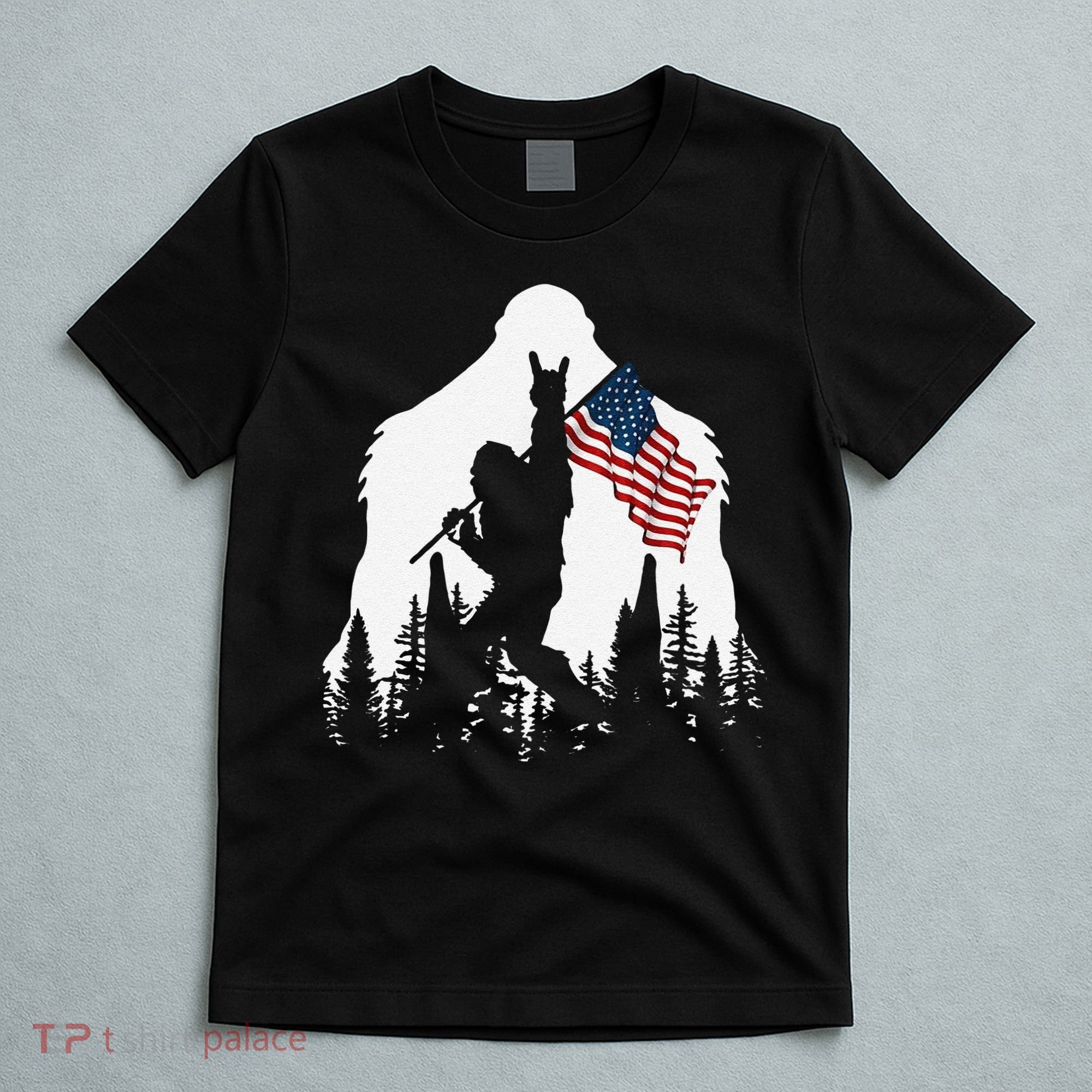 Funny Bigfoot Rock On Hold American Flag Sasquatch Believers T-Shirt