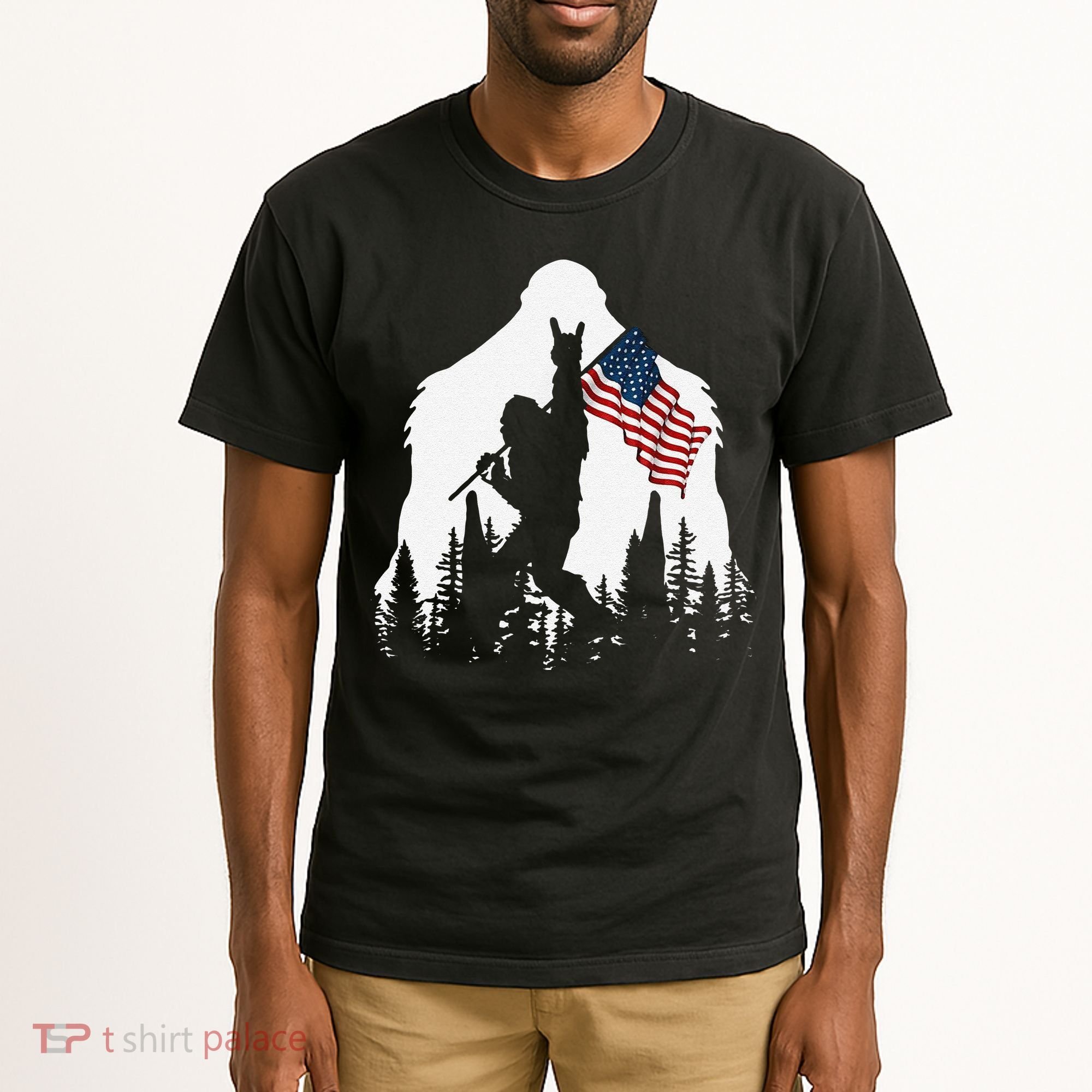 Funny Bigfoot Rock On Hold American Flag Sasquatch Believers Tall T-Shirt