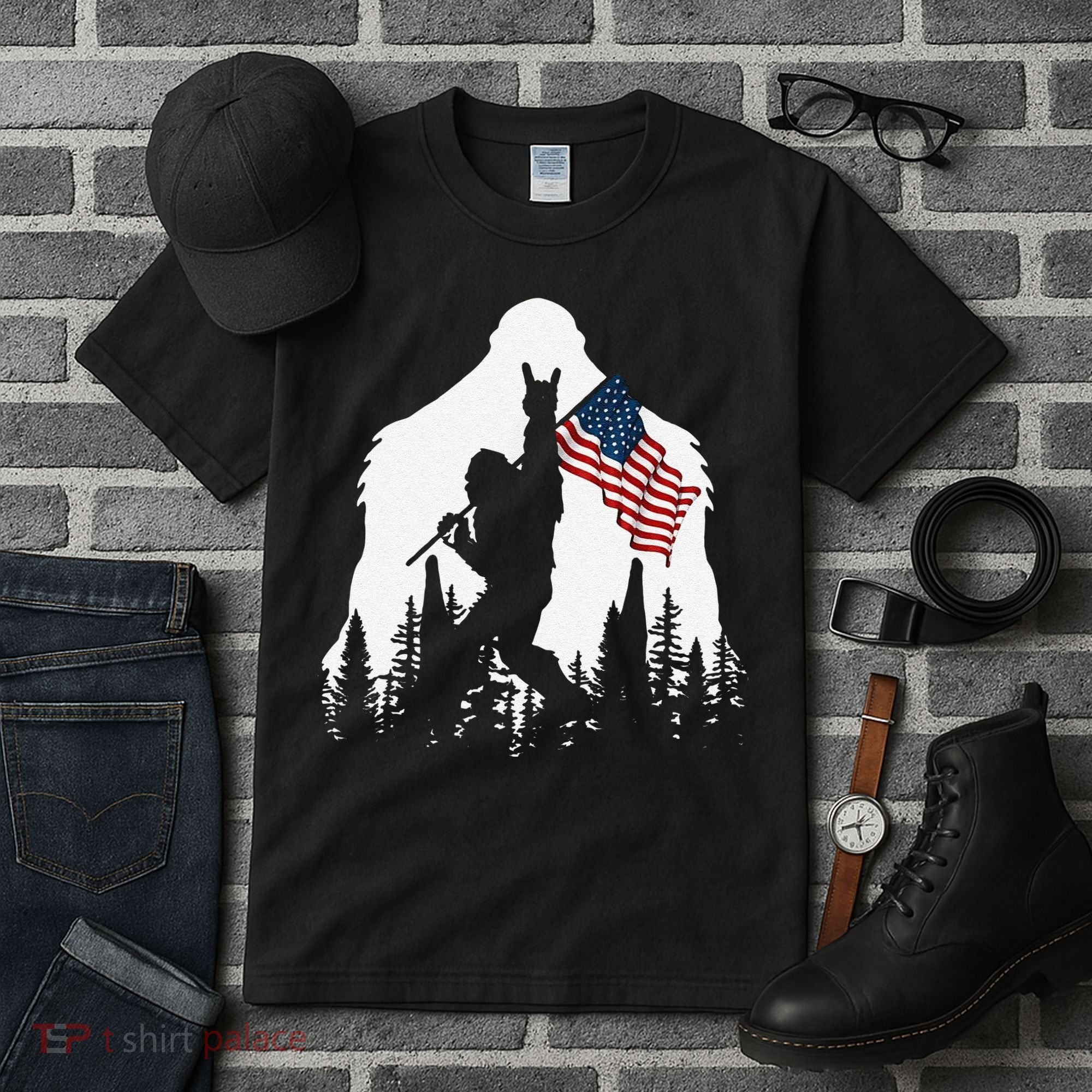 Funny Bigfoot Rock On Hold American Flag Sasquatch Believers Tall T-Shirt
