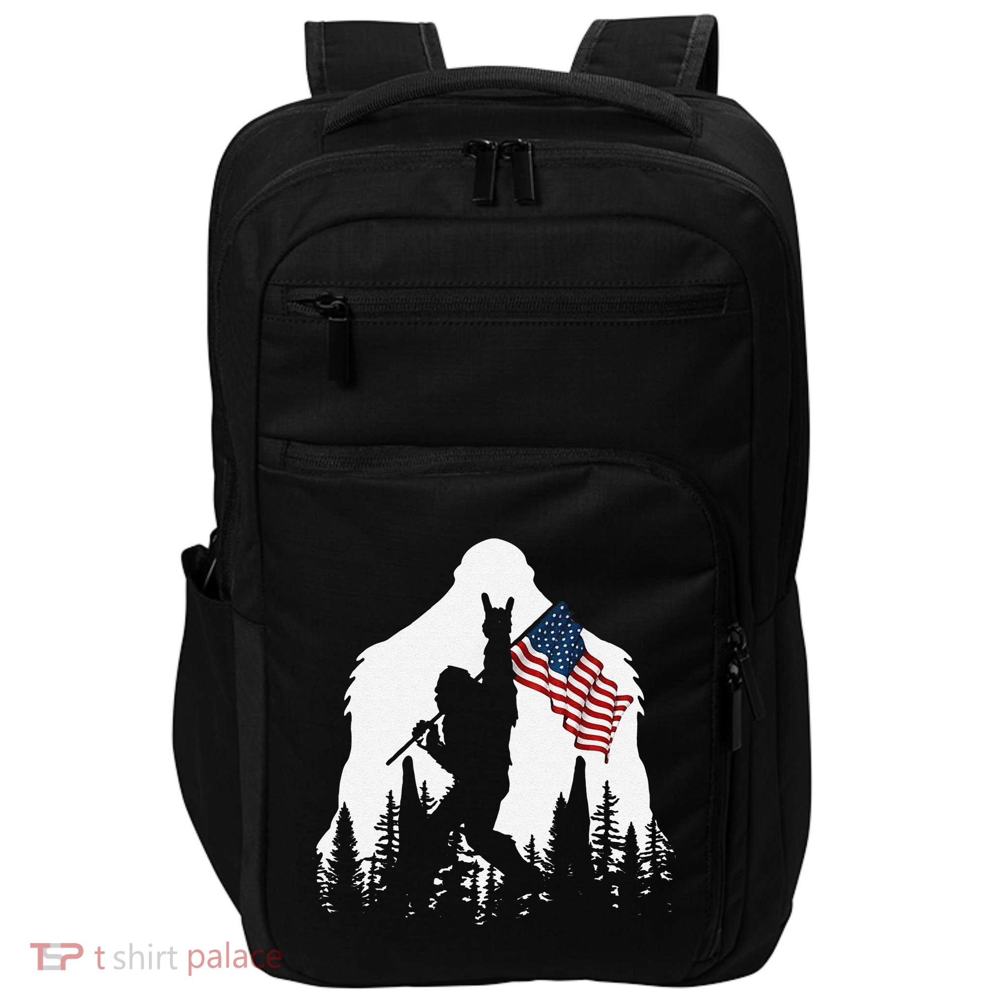 Funny Bigfoot Rock On Hold American Flag Sasquatch Believers Impact Tech Backpack