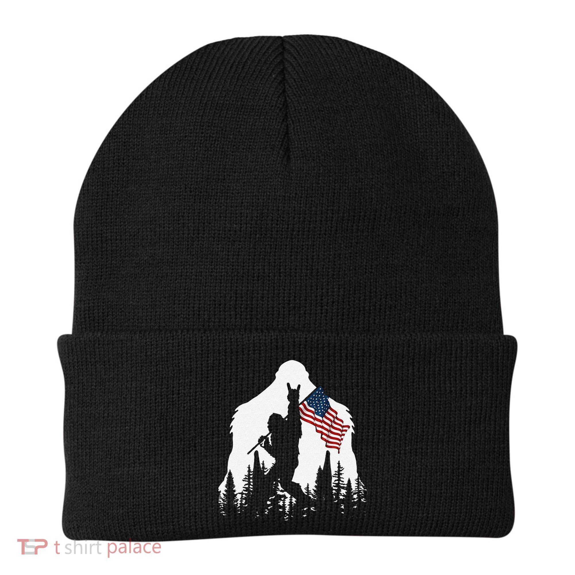 Funny Bigfoot Rock On Hold American Flag Sasquatch Believers Beanie