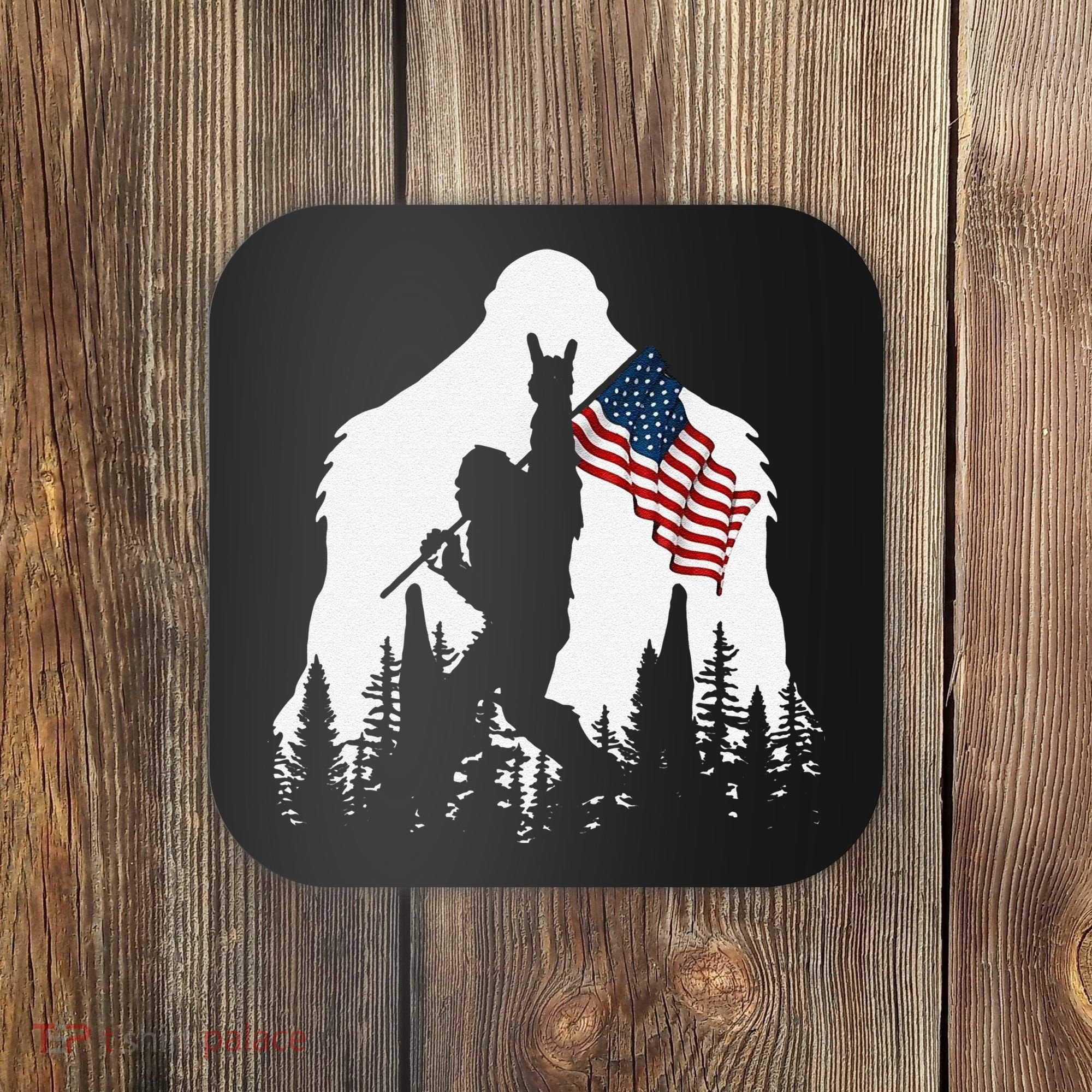 Funny Bigfoot Rock On Hold American Flag Sasquatch Believers Coaster