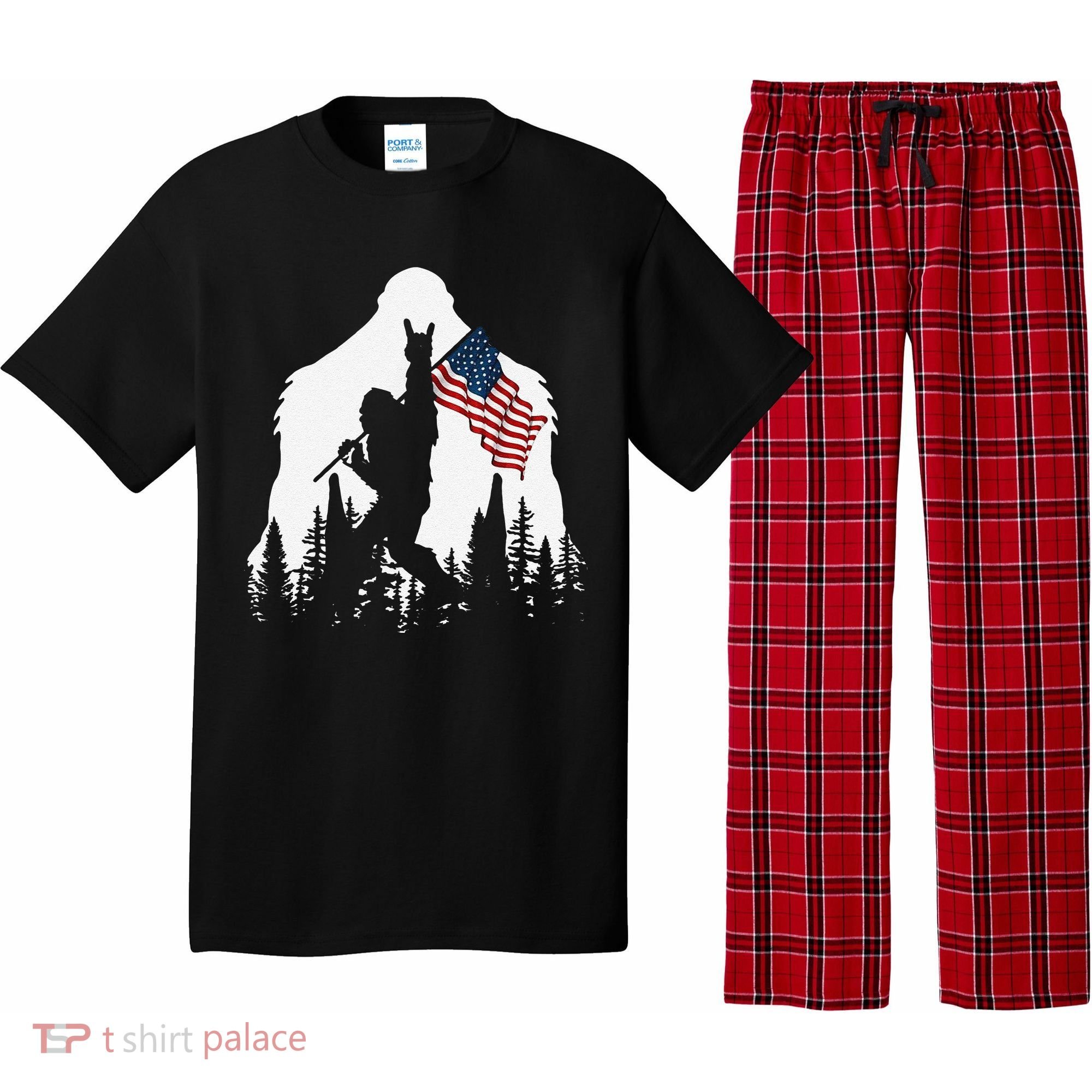 Funny Bigfoot Rock On Hold American Flag Sasquatch Believers Pajama Set