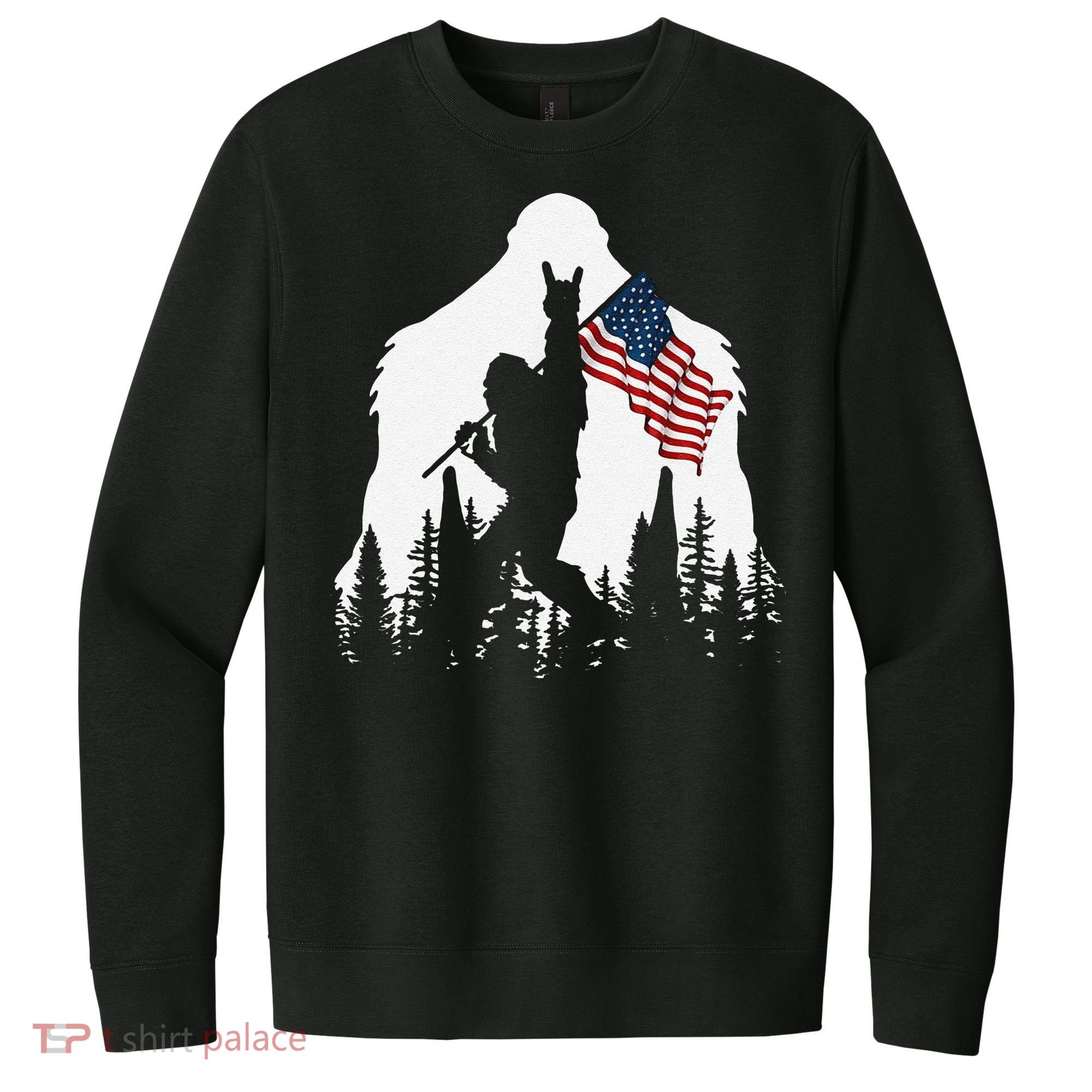 Funny Bigfoot Rock On Hold American Flag Sasquatch Believers V.I.T. Fleece Crew Sweatshirt