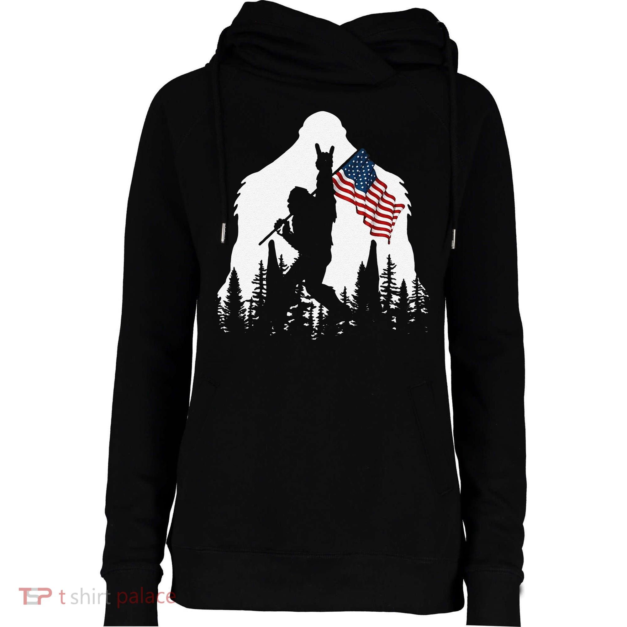 Funny Bigfoot Rock On Hold American Flag Sasquatch Believers Womens Funnel Neck Pullover Hood