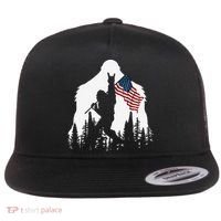 Funny Bigfoot Rock On Hold American Flag Sasquatch Believers Flat Bill Trucker Hat thumb 0