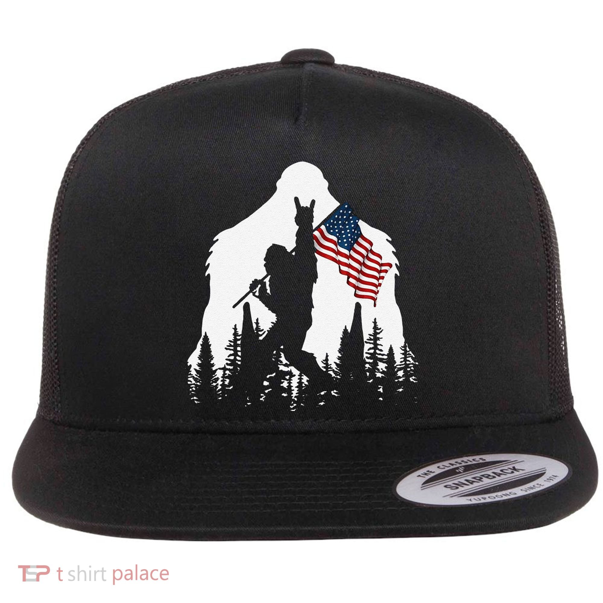 Funny Bigfoot Rock On Hold American Flag Sasquatch Believers Flat Bill Trucker Hat