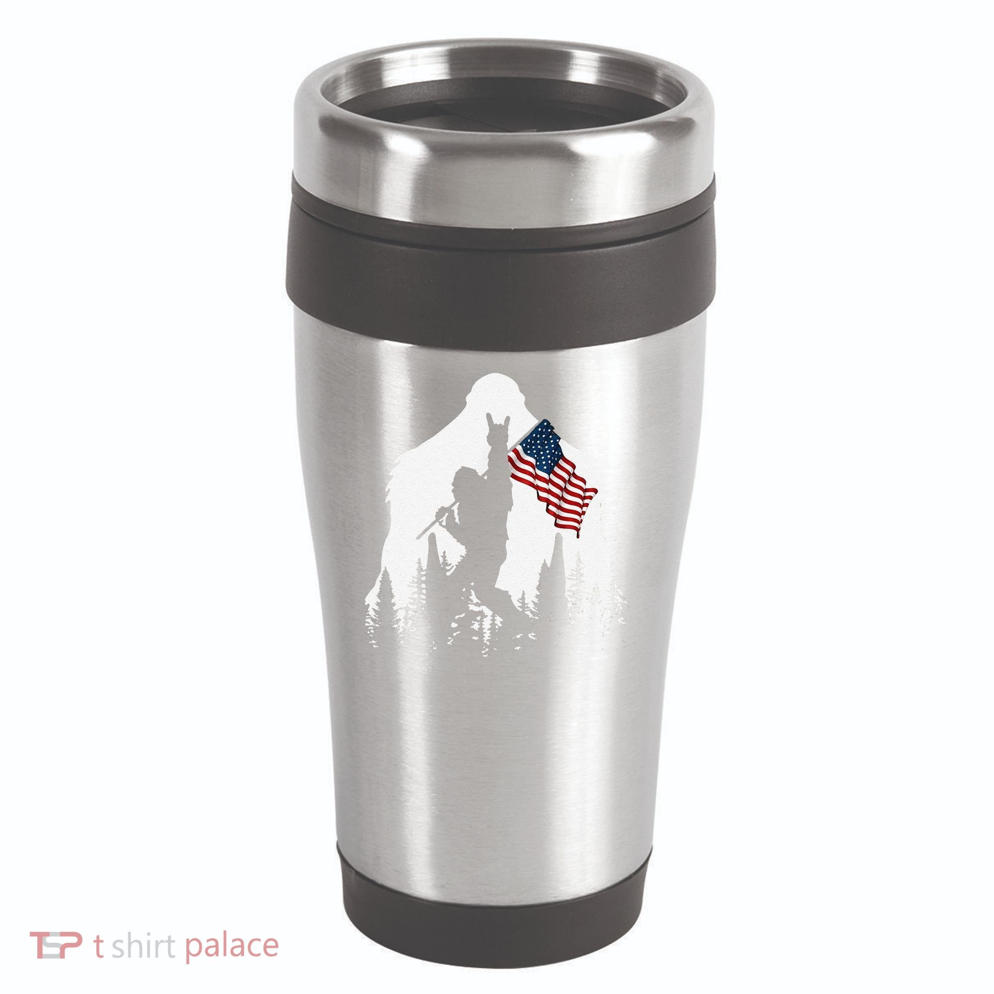 Funny Bigfoot Rock On Hold American Flag Sasquatch Believers 16oz Travel Tumbler