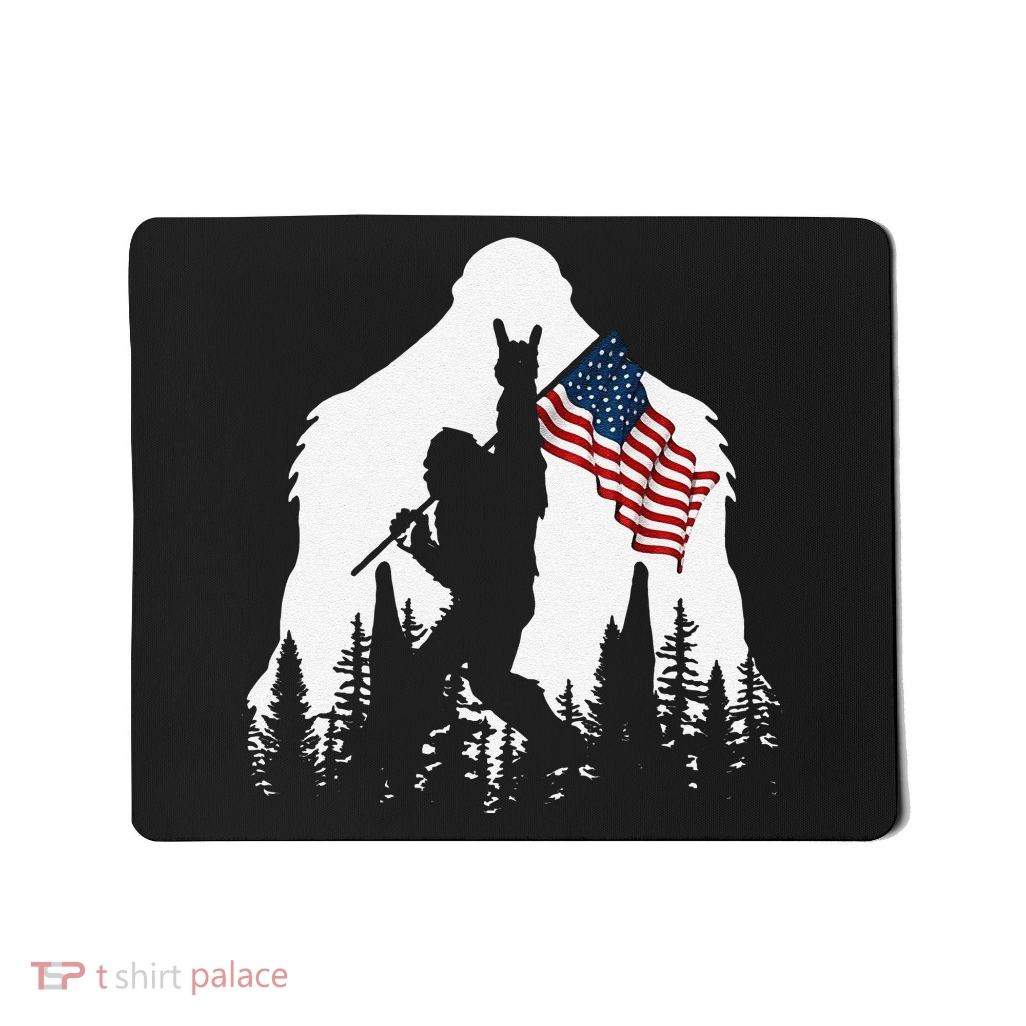 Funny Bigfoot Rock On Hold American Flag Sasquatch Believers Mousepad