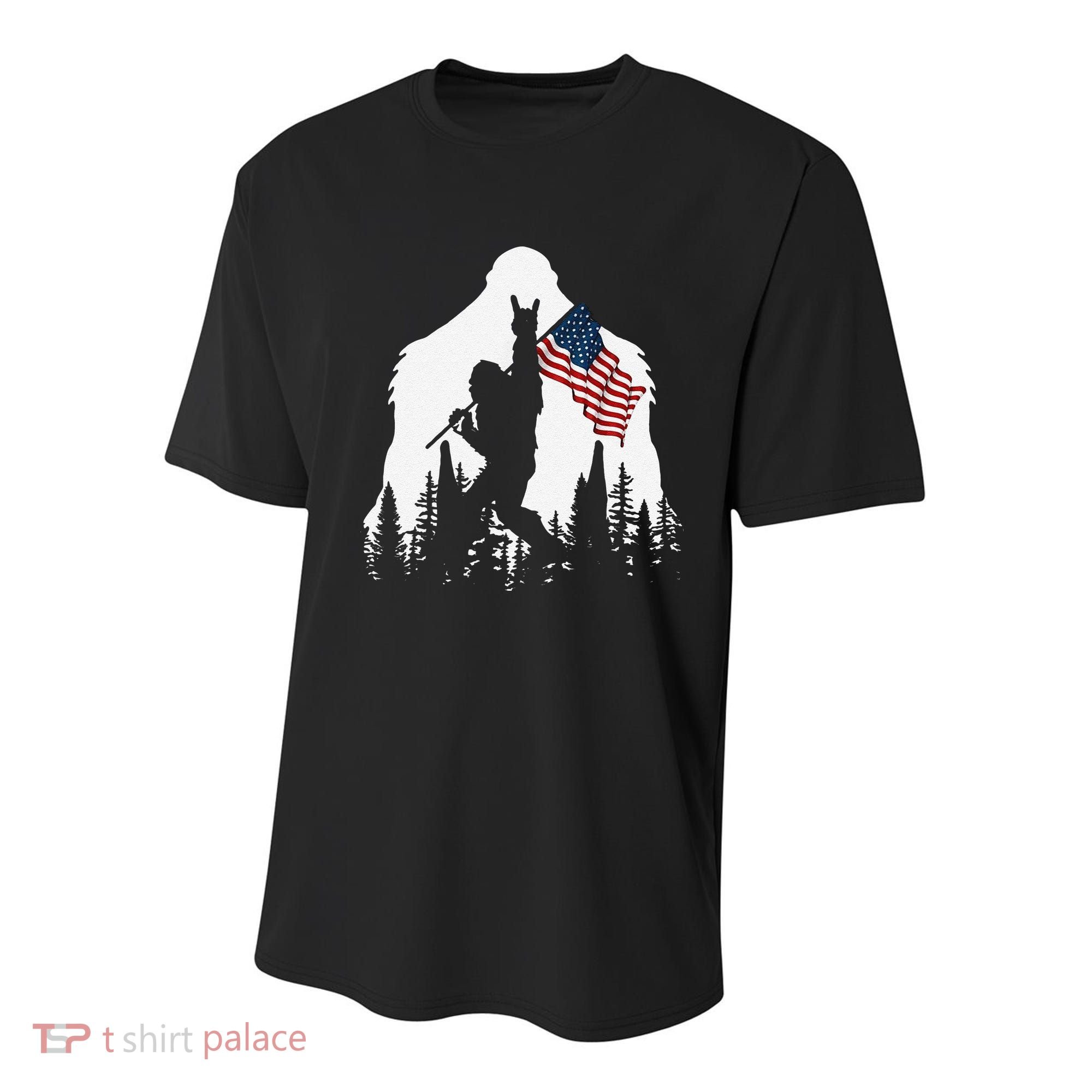 Funny Bigfoot Rock On Hold American Flag Sasquatch Believers Youth Performance Sprint T-Shirt