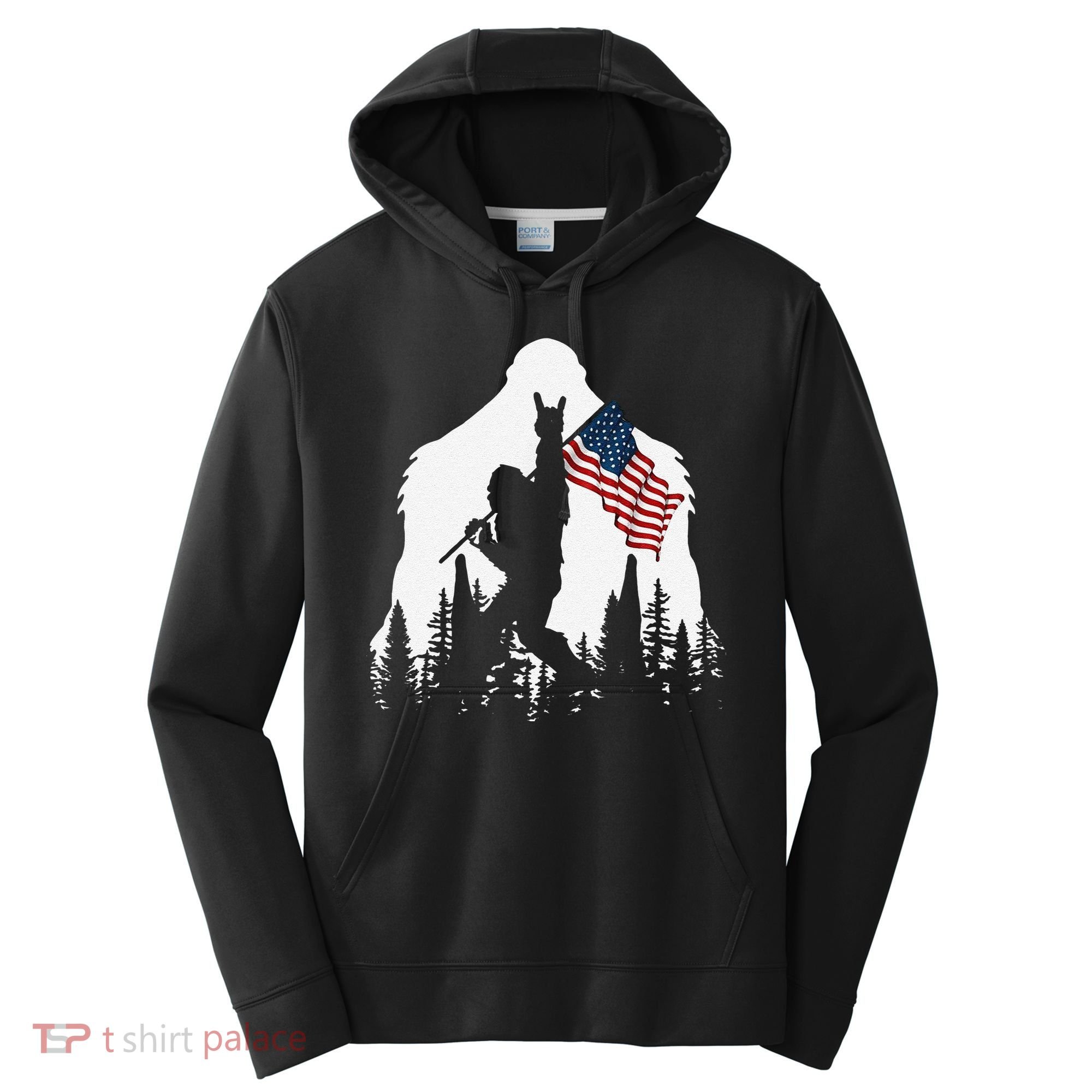 Funny Bigfoot Rock On Hold American Flag Sasquatch Believers Performance Fleece Hoodie