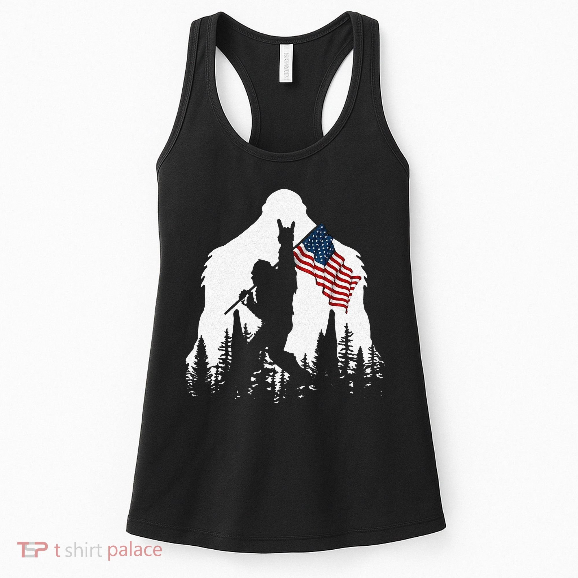 Funny Bigfoot Rock On Hold American Flag Sasquatch Believers Women's Tank Top