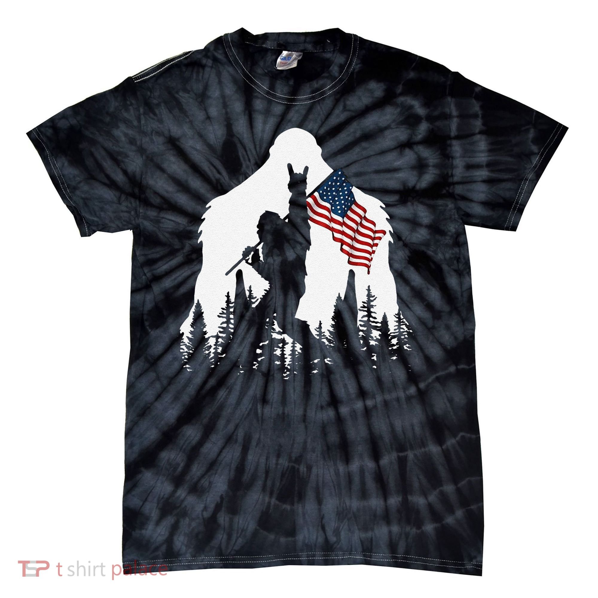 Funny Bigfoot Rock On Hold American Flag Sasquatch Believers Tie-Dye T-Shirt