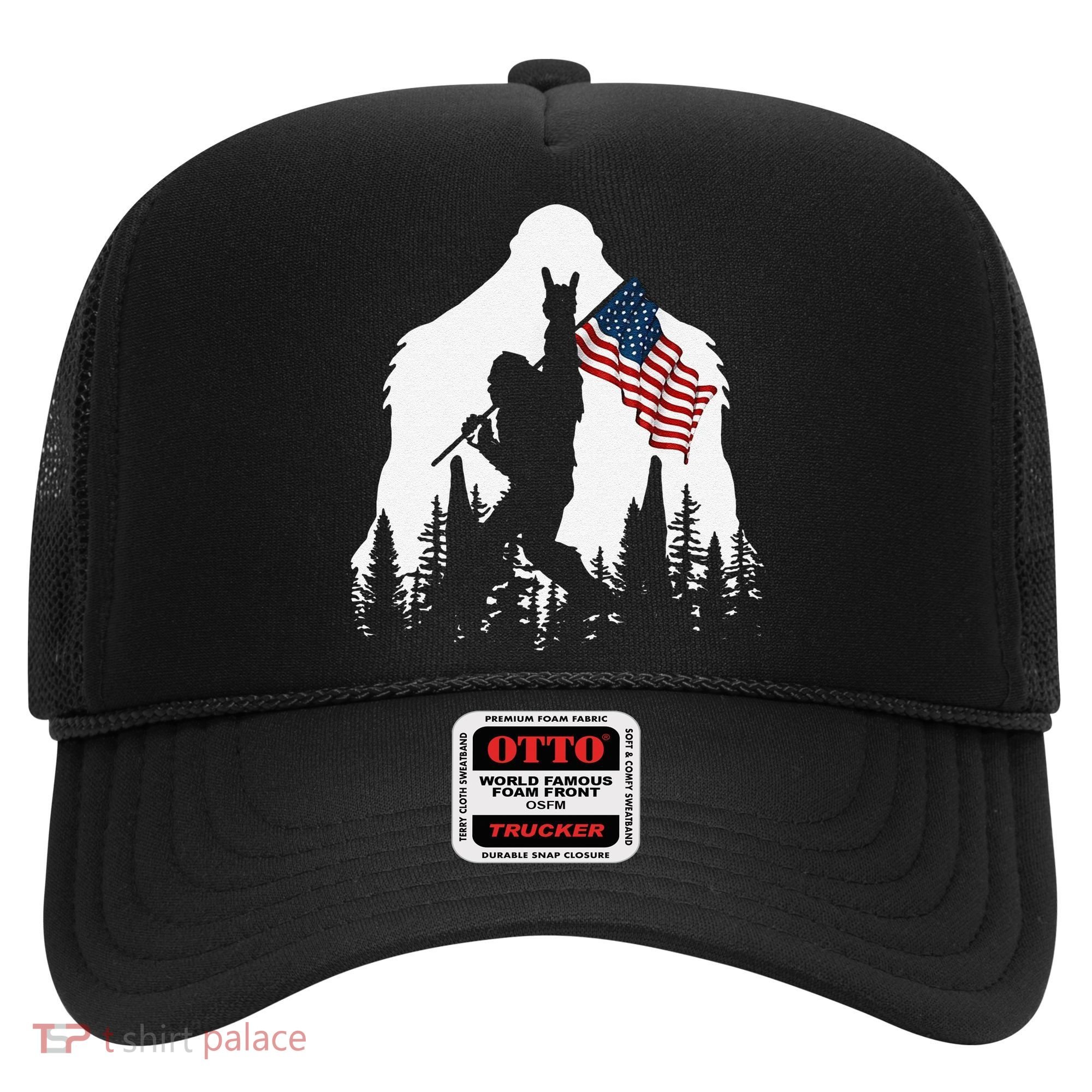 Funny Bigfoot Rock On Hold American Flag Sasquatch Believers Hat