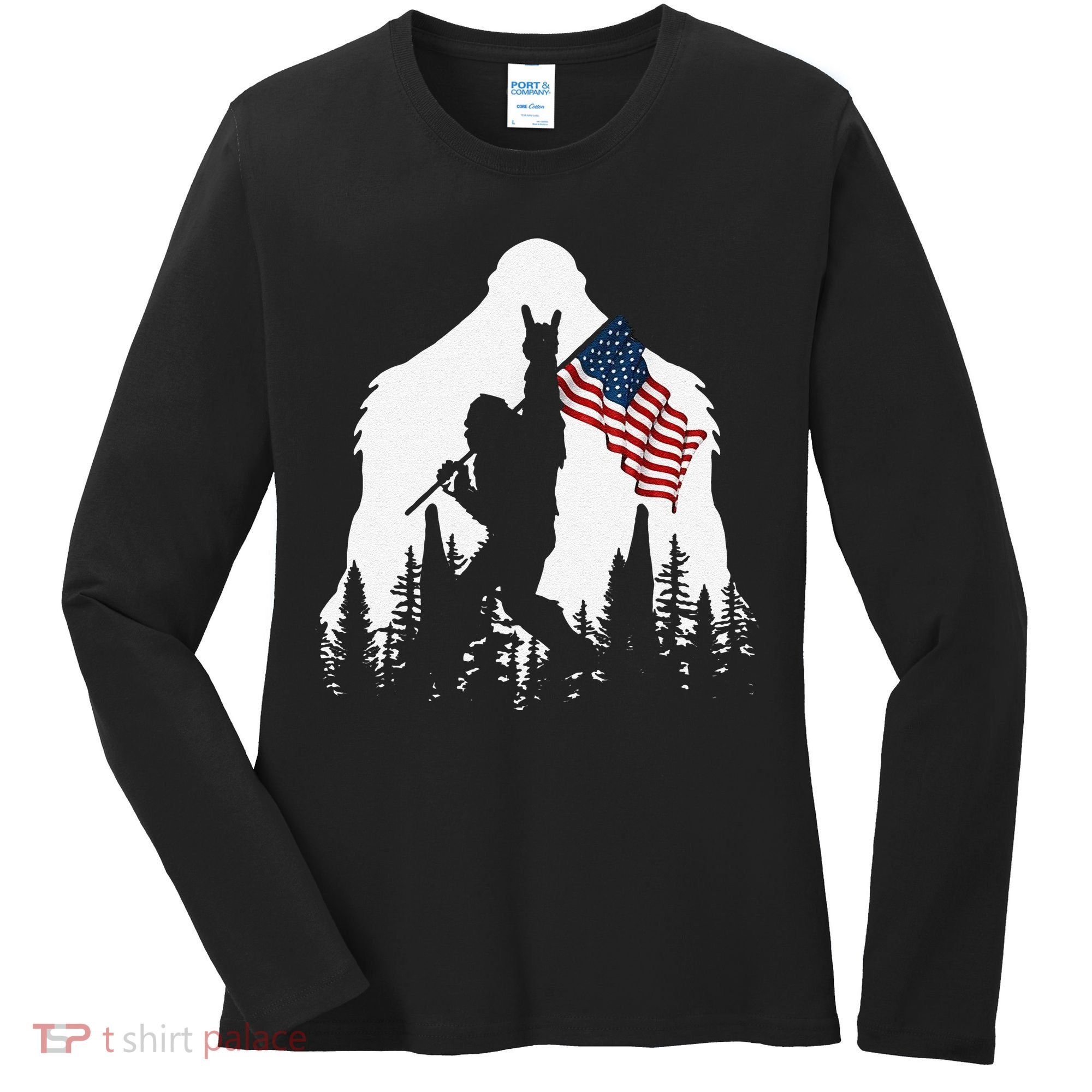 Funny Bigfoot Rock On Hold American Flag Sasquatch Believers Women's Long Sleeve Shirt