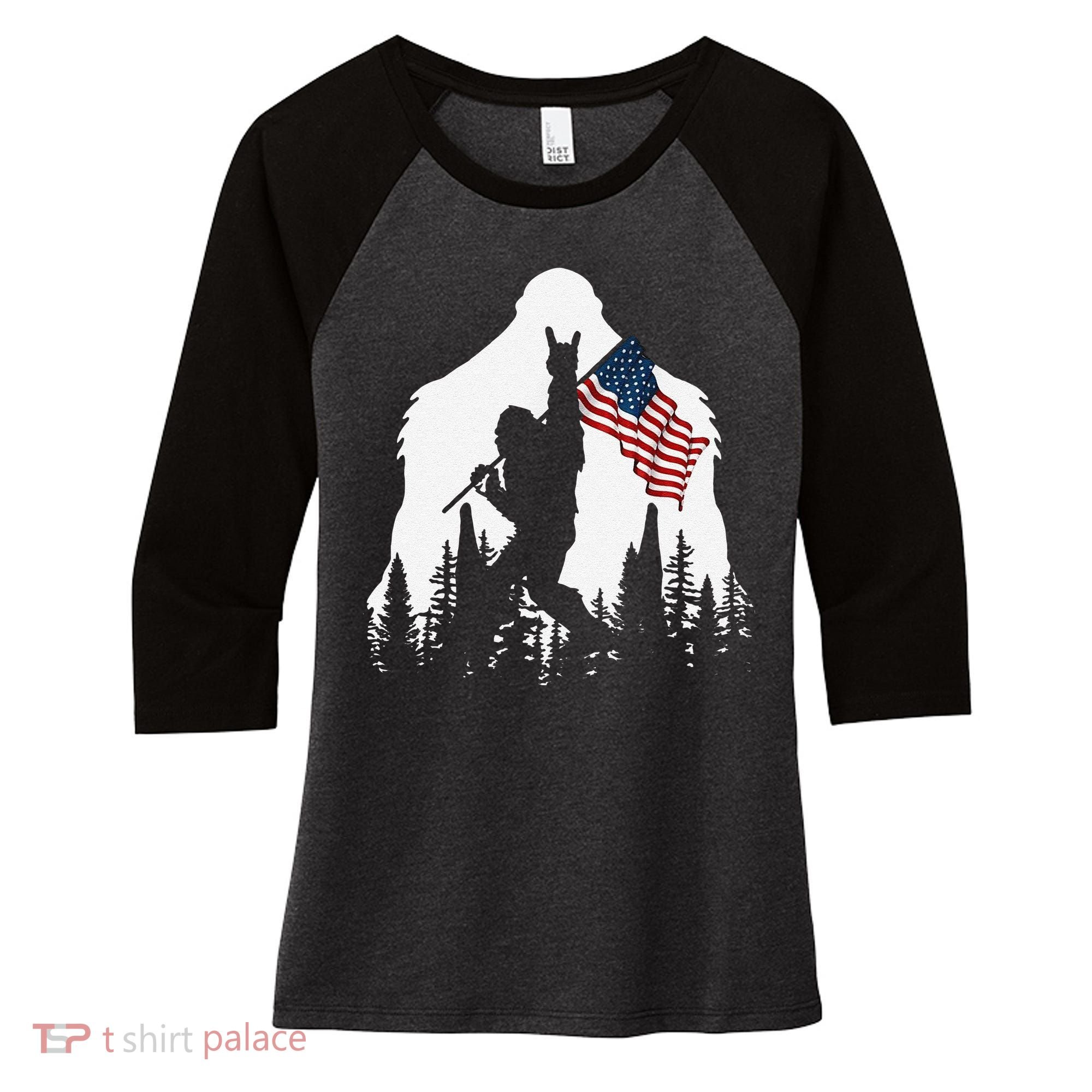 Funny Bigfoot Rock On Hold American Flag Sasquatch Believers Women's Tri-Blend 3/4-Sleeve Raglan Shirt