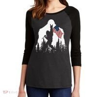 Funny Bigfoot Rock On Hold American Flag Sasquatch Believers Women's Tri-Blend 3/4-Sleeve Raglan Shirt thumb 2