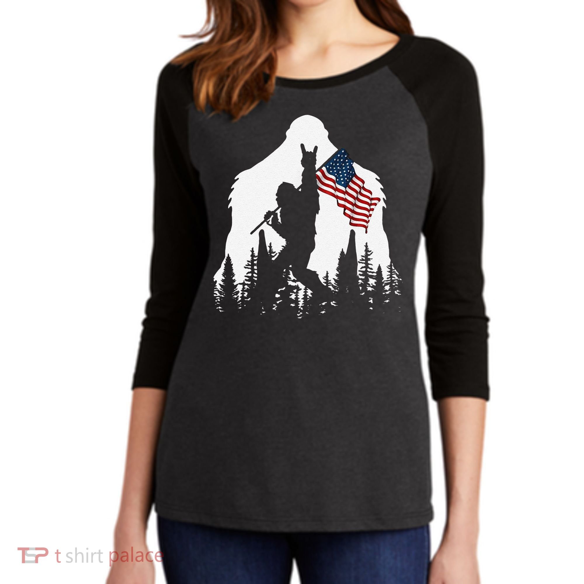 Funny Bigfoot Rock On Hold American Flag Sasquatch Believers Women's Tri-Blend 3/4-Sleeve Raglan Shirt