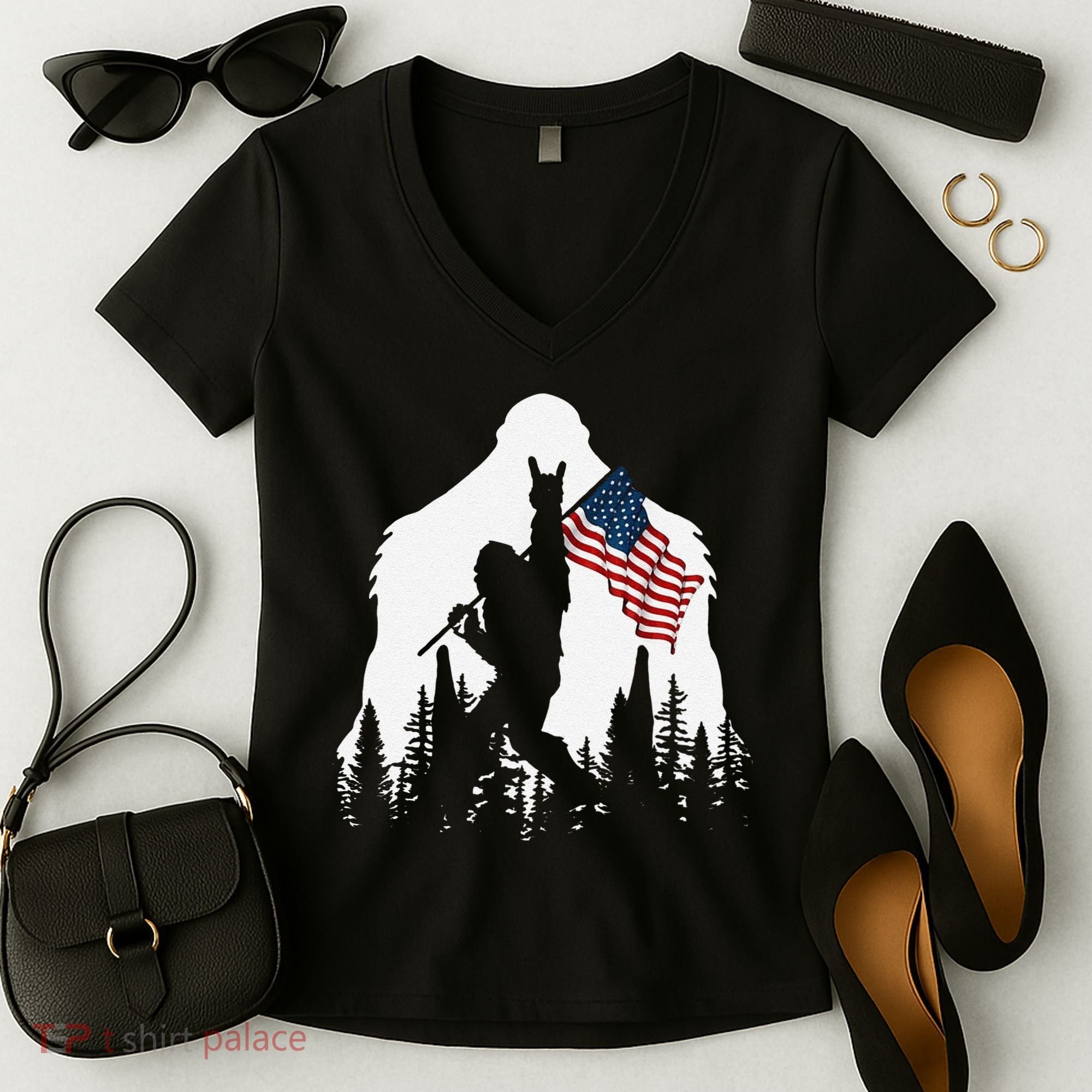 Funny Bigfoot Rock On Hold American Flag Sasquatch Believers Women's V-Neck T-Shirt