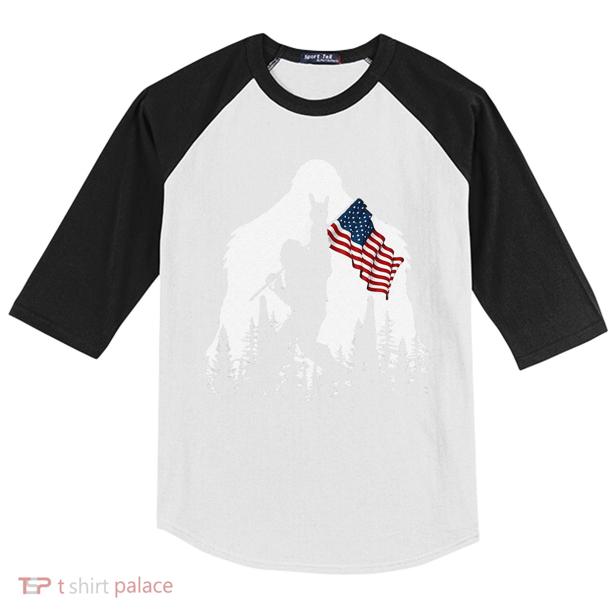 Funny Bigfoot Rock On Hold American Flag Sasquatch Believers Kids Colorblock Raglan Jersey