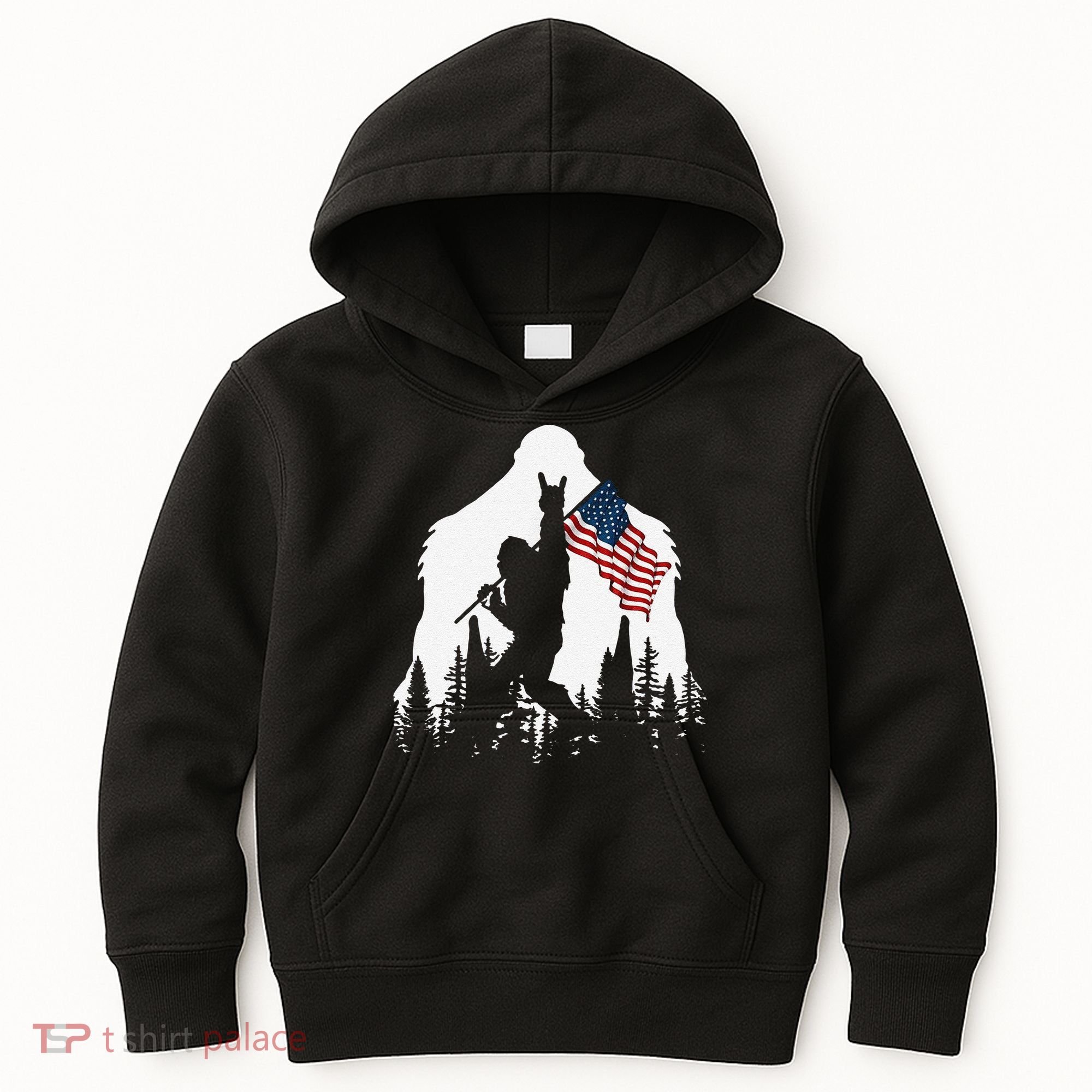 Funny Bigfoot Rock On Hold American Flag Sasquatch Believers Kids Hoodie