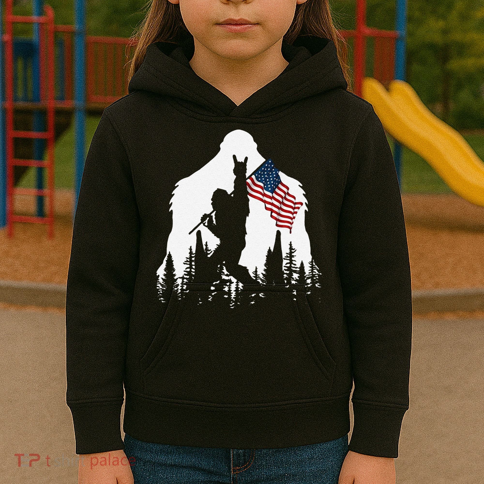 Funny Bigfoot Rock On Hold American Flag Sasquatch Believers Kids Hoodie