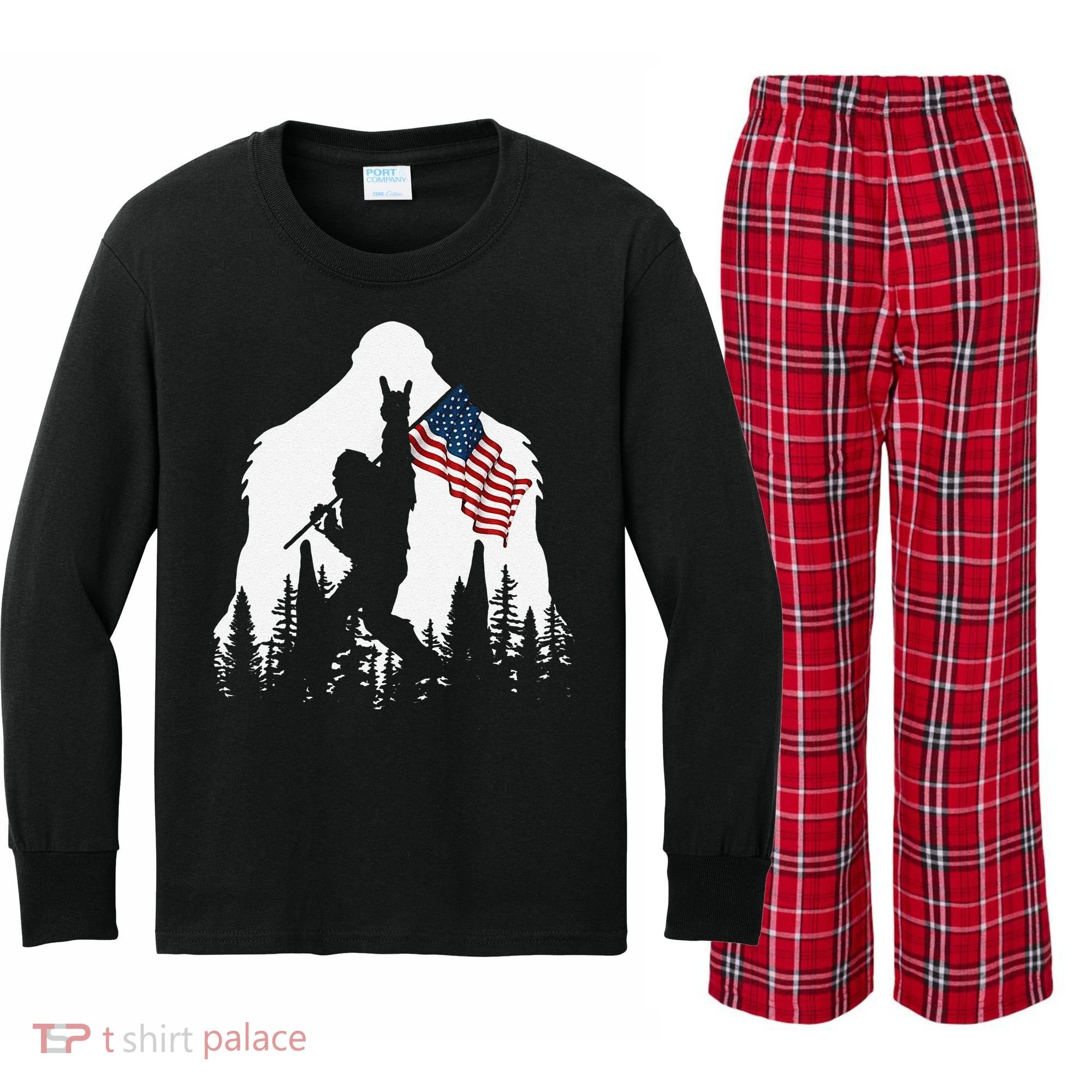 Funny Bigfoot Rock On Hold American Flag Sasquatch Believers Kids Long Sleeve Plaid Pajama Set