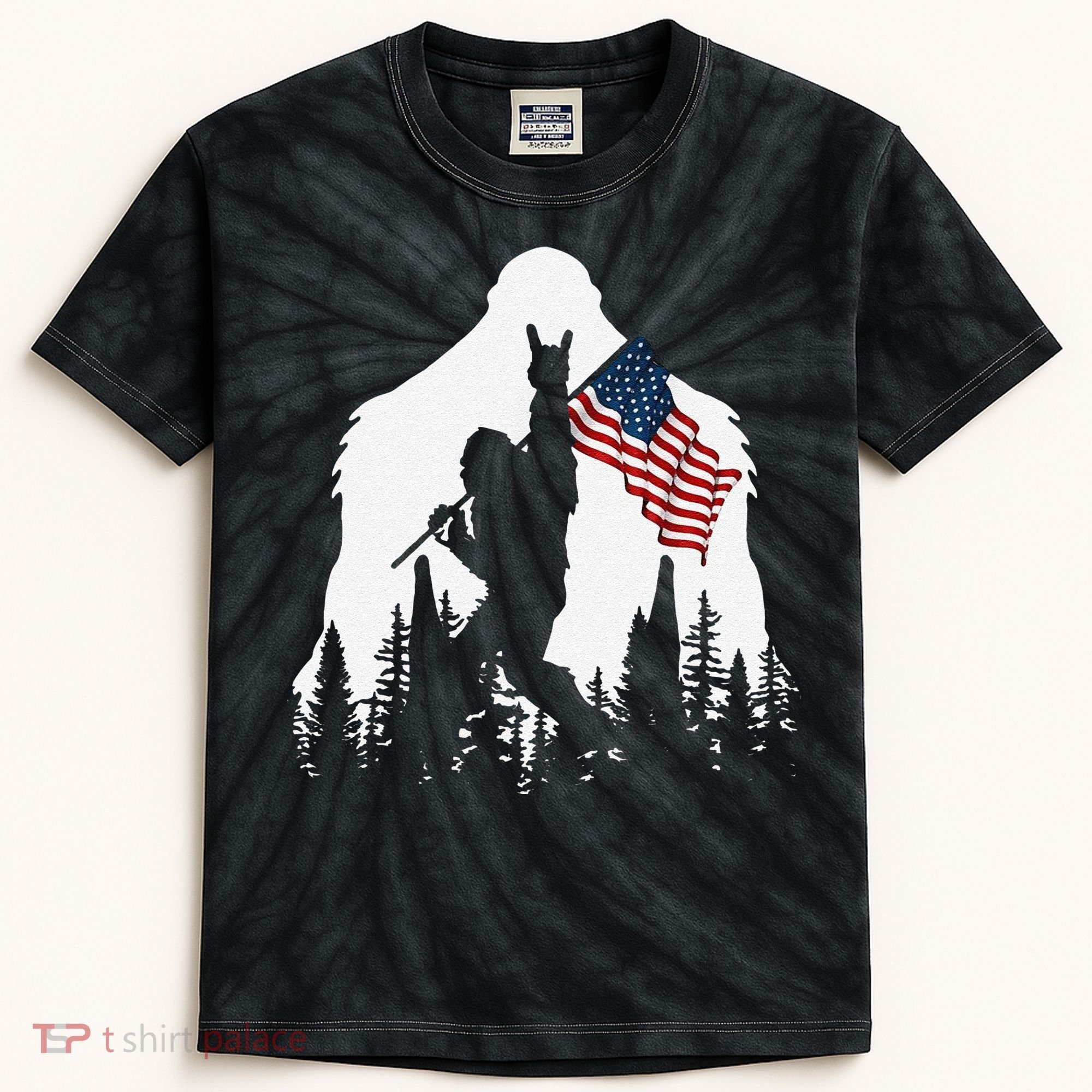Funny Bigfoot Rock On Hold American Flag Sasquatch Believers Kids Tie-Dye T-Shirt