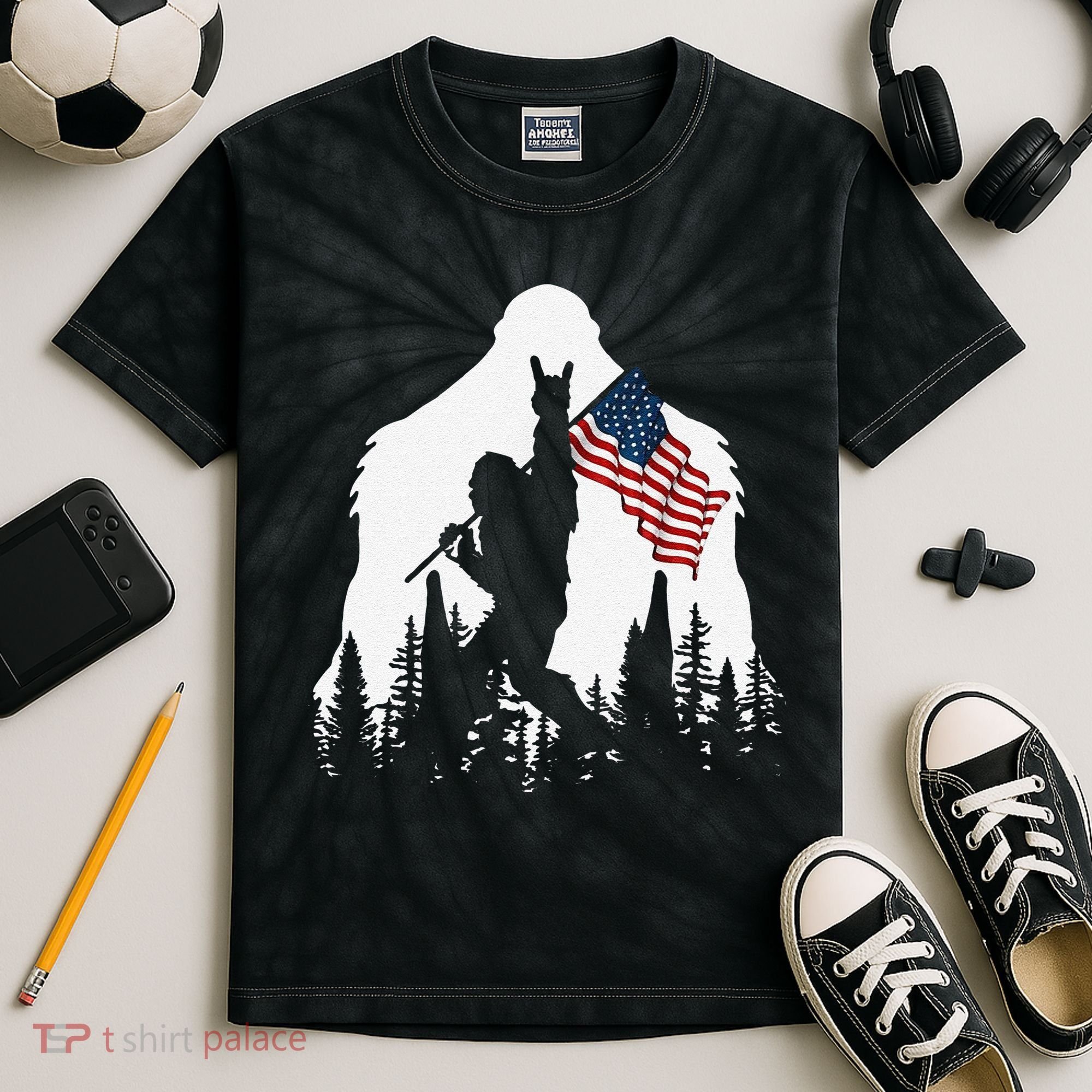 Funny Bigfoot Rock On Hold American Flag Sasquatch Believers Kids Tie-Dye T-Shirt
