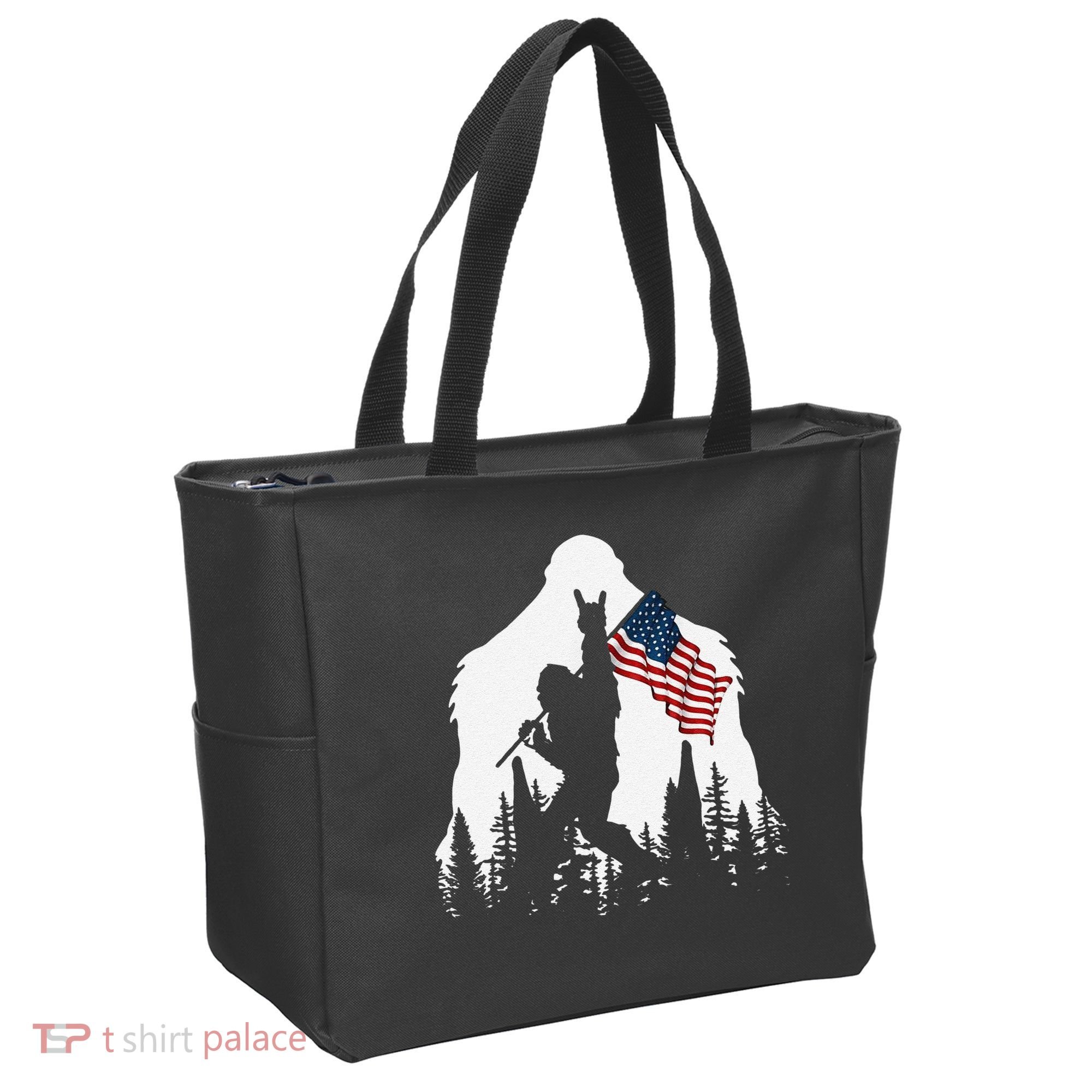 Funny Bigfoot Rock On Hold American Flag Sasquatch Believers Tote Bag