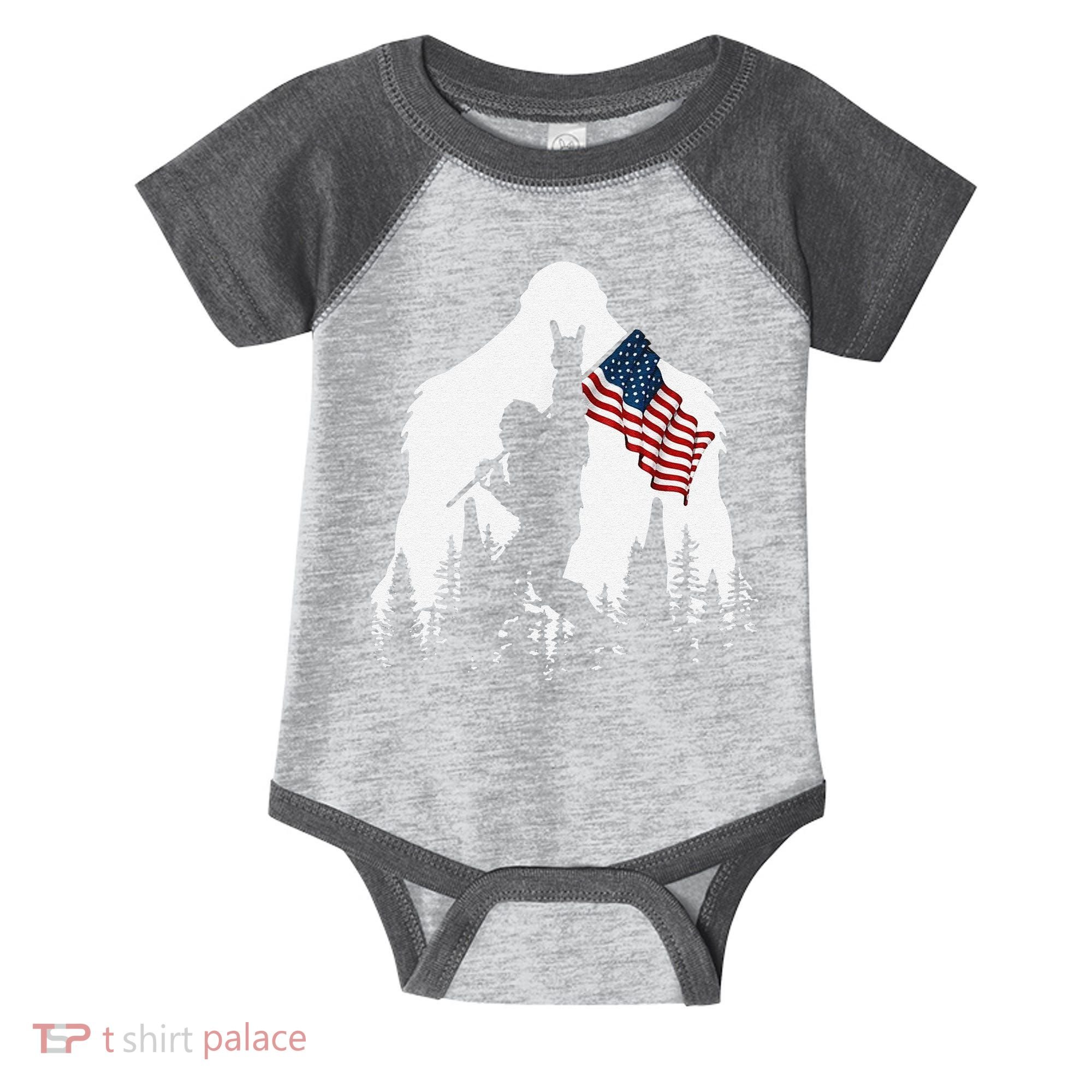 Funny Bigfoot Rock On Hold American Flag Sasquatch Believers Infant Baby Jersey Bodysuit
