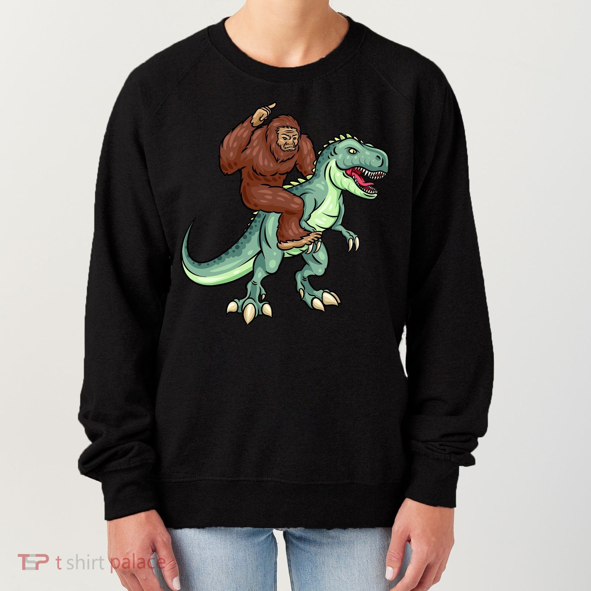 Funny Bigfoot Riding T Rex Funny Bigfoot Dinosaur Women's Sweatshirt