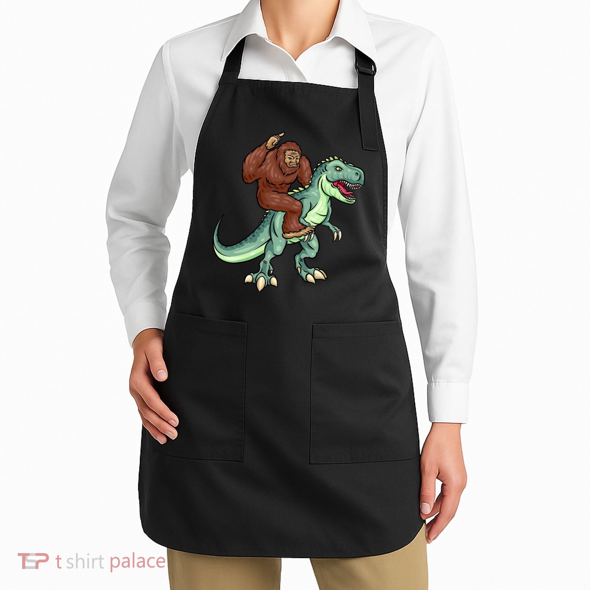 Funny Bigfoot Riding T Rex Funny Bigfoot Dinosaur Apron