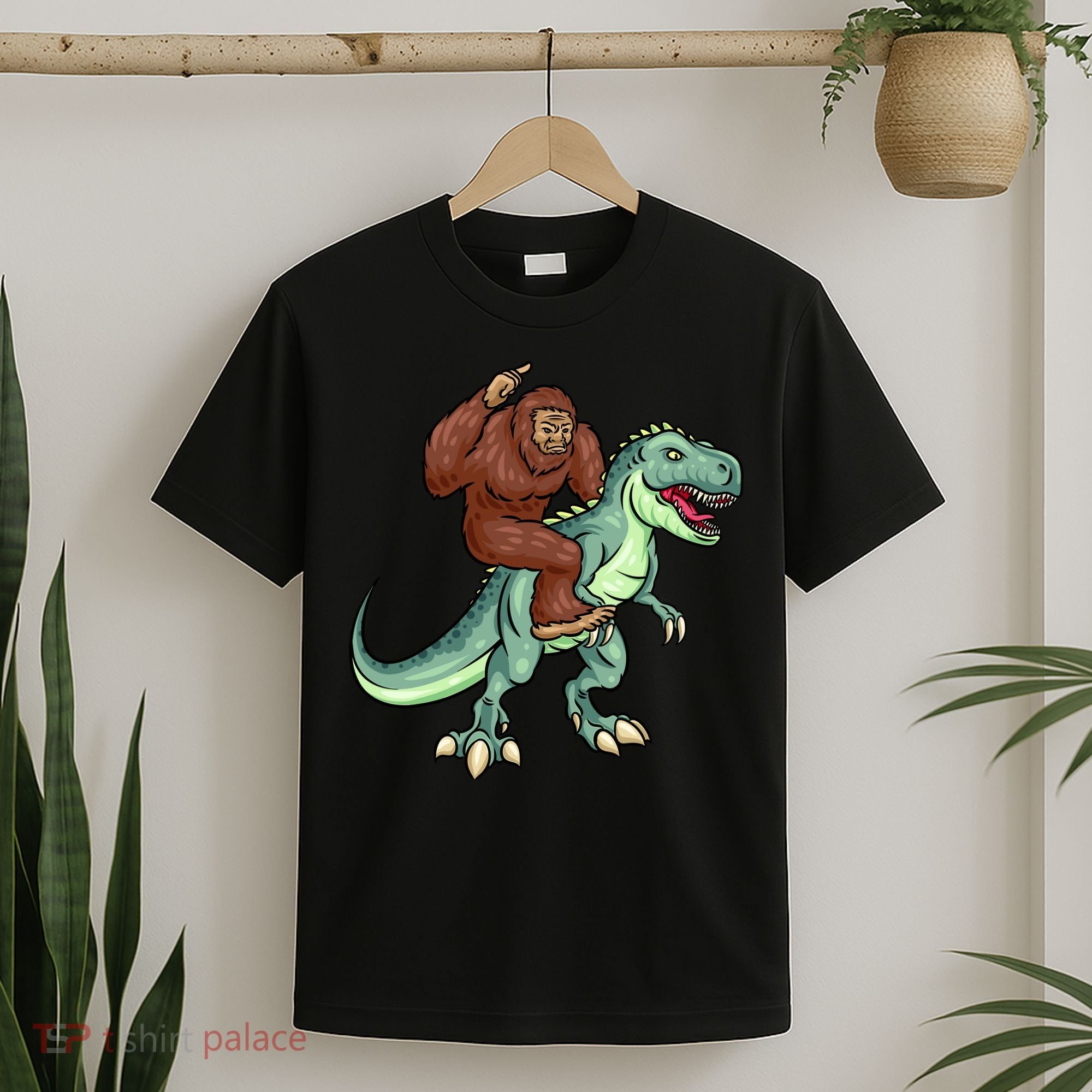 Funny Bigfoot Riding T Rex Funny Bigfoot Dinosaur T-Shirt