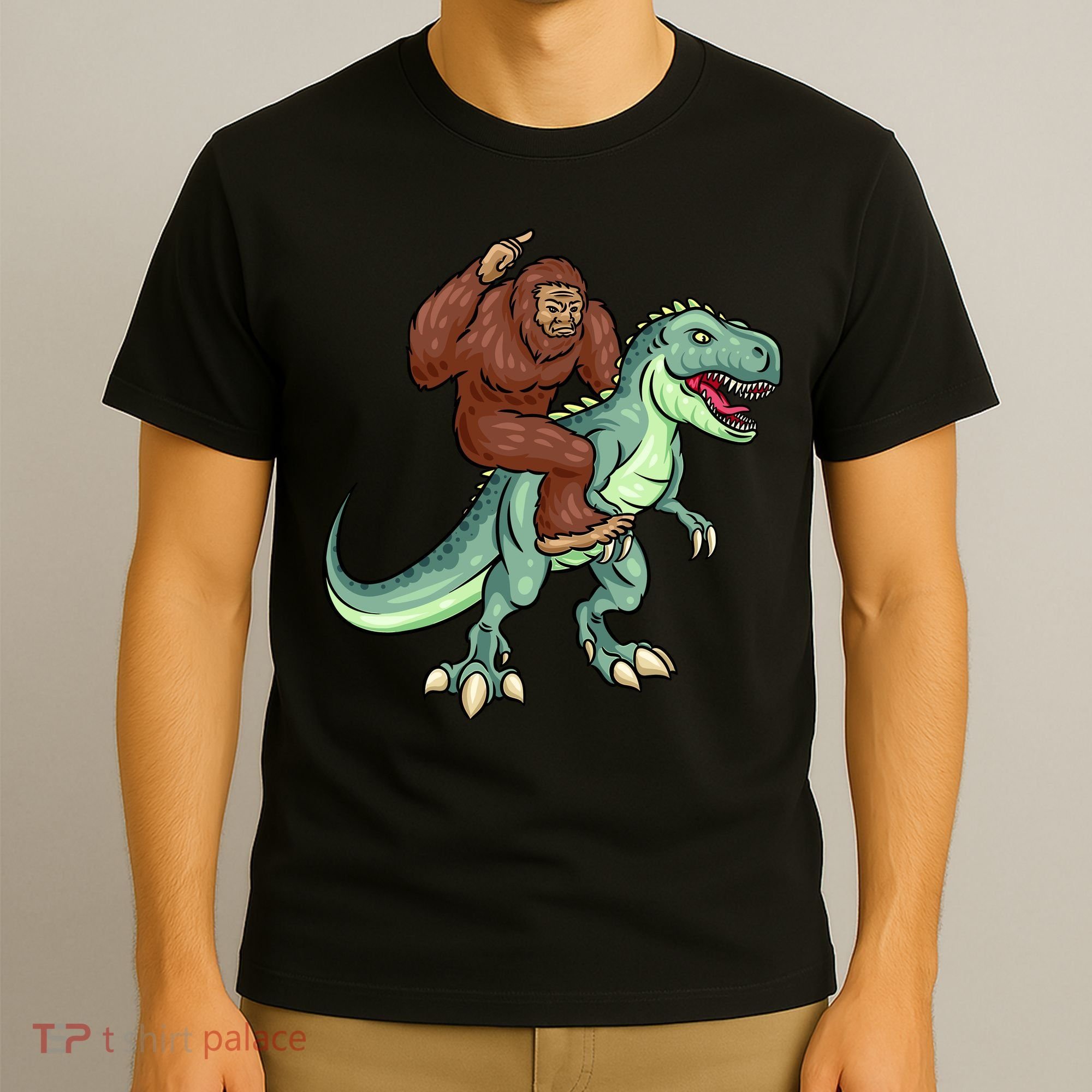 Funny Bigfoot Riding T Rex Funny Bigfoot Dinosaur T-Shirt