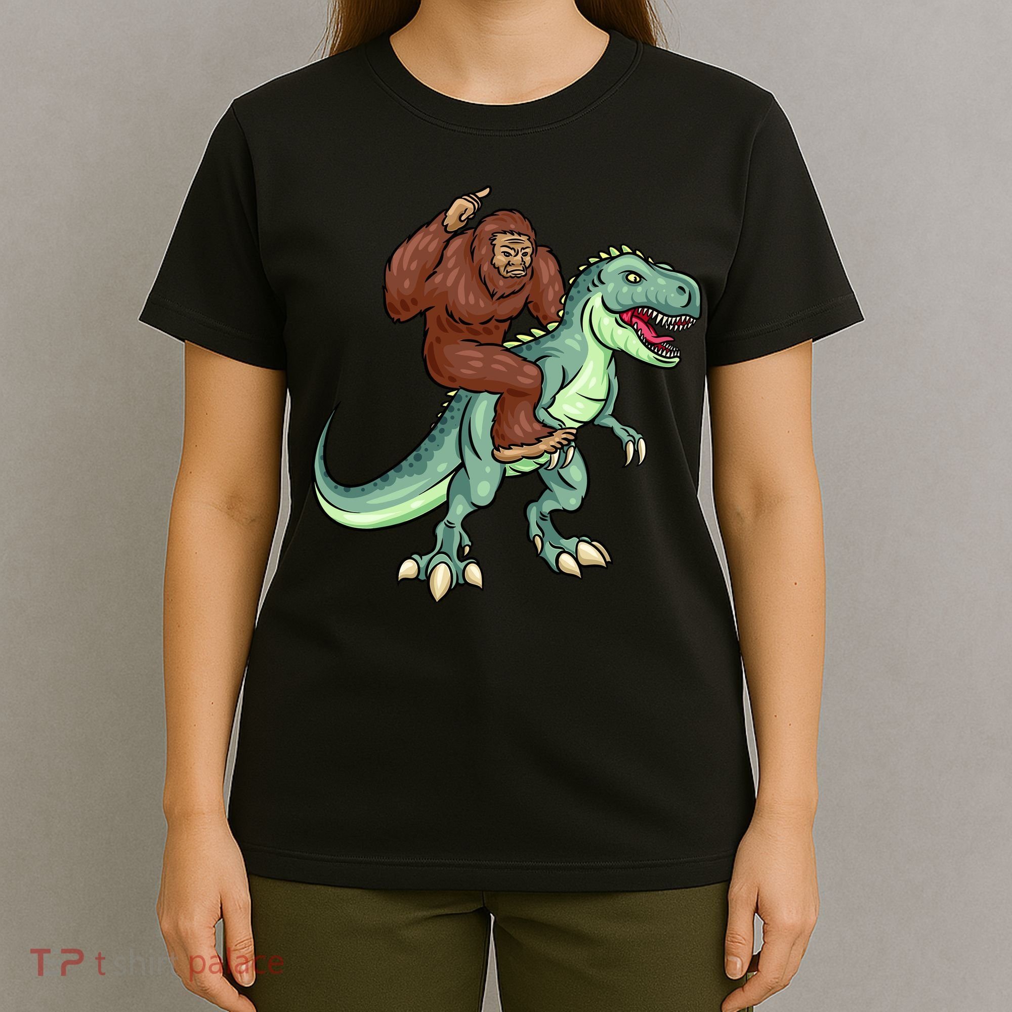 Funny Bigfoot Riding T Rex Funny Bigfoot Dinosaur T-Shirt