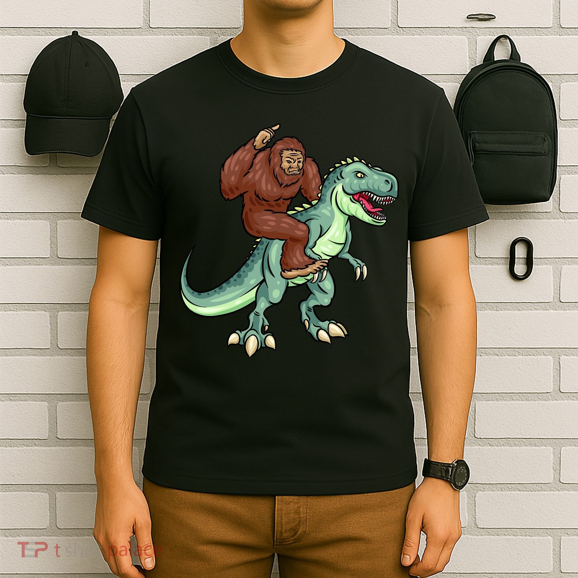 Funny Bigfoot Riding T Rex Funny Bigfoot Dinosaur T-Shirt