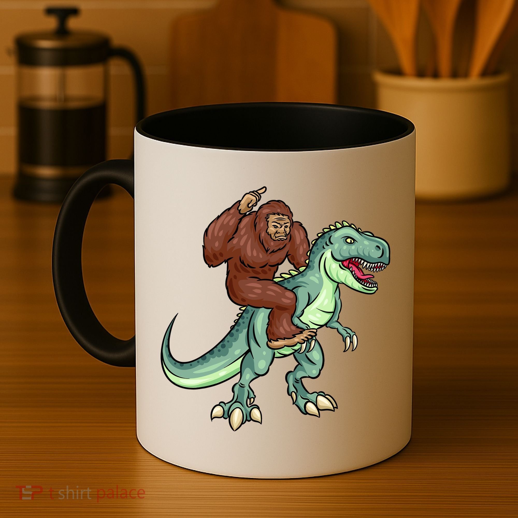 Funny Bigfoot Riding T Rex Funny Bigfoot Dinosaur Coffee Mug