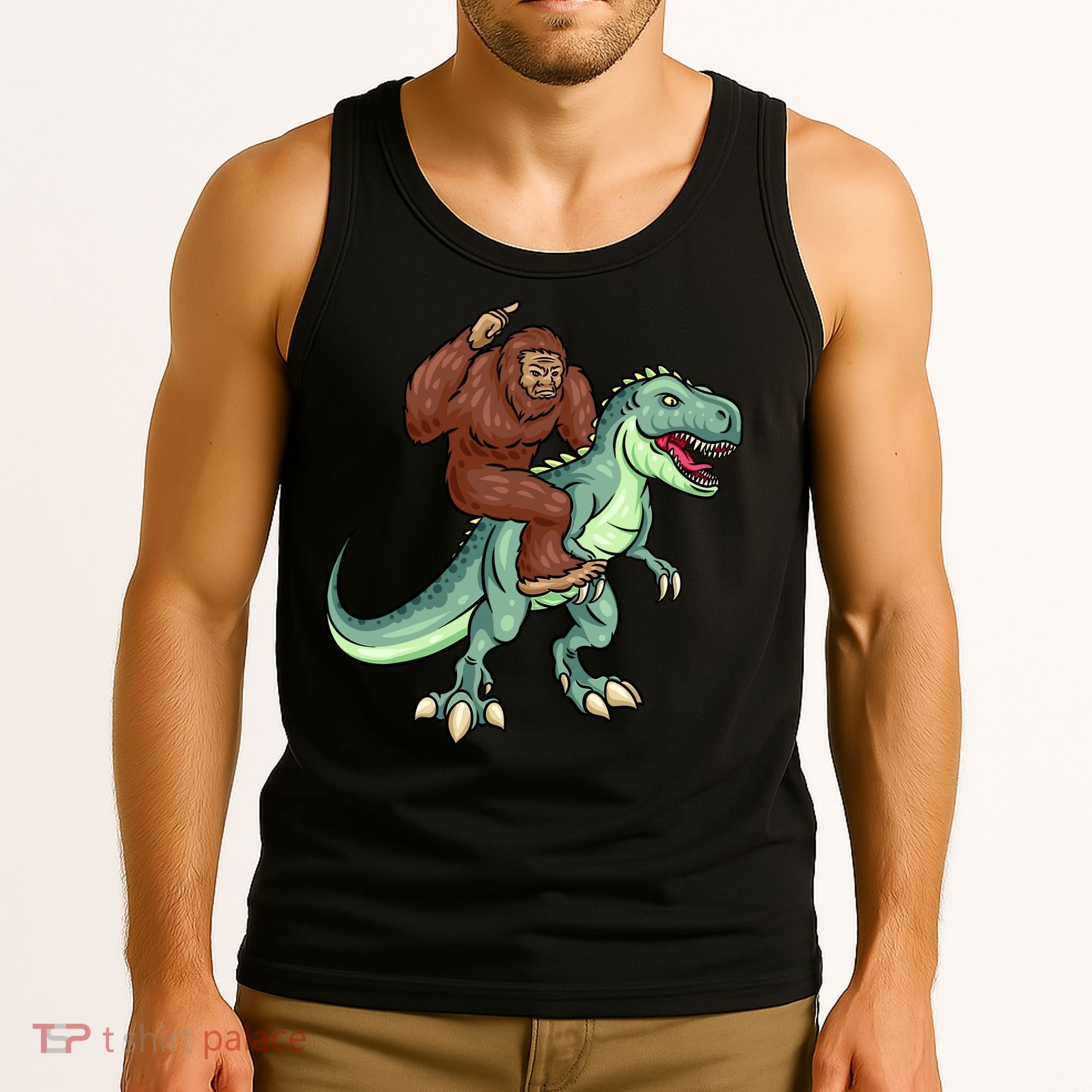 Funny Bigfoot Riding T Rex Funny Bigfoot Dinosaur Tank Top