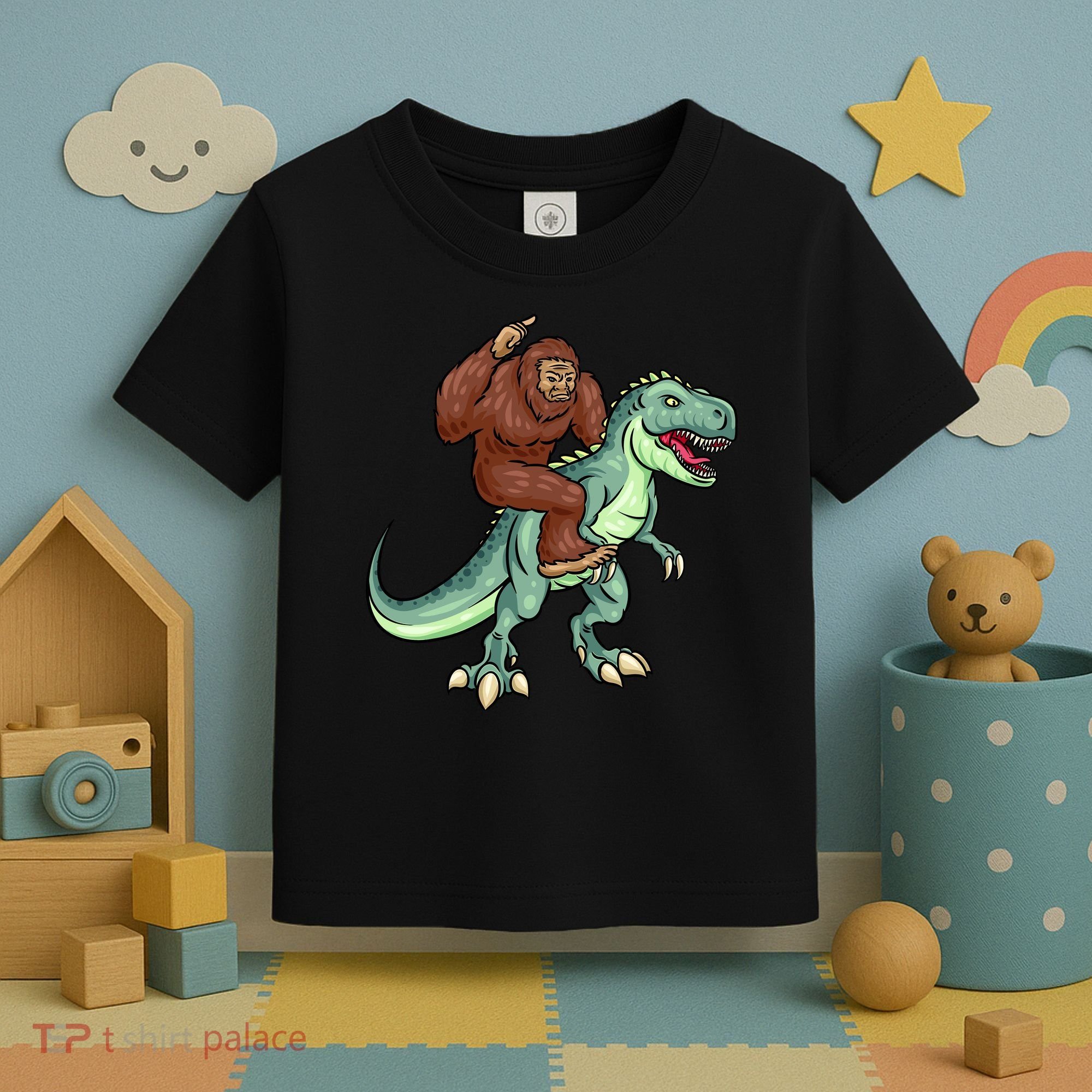 Funny Bigfoot Riding T Rex Funny Bigfoot Dinosaur Toddler T-Shirt