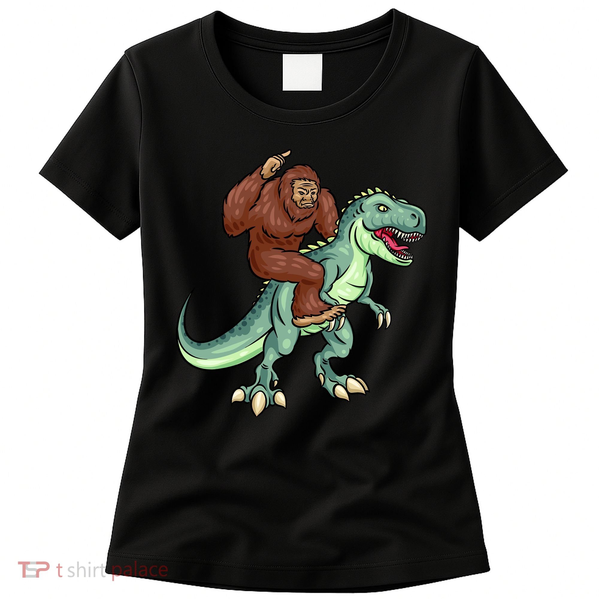 Funny Bigfoot Riding T Rex Funny Bigfoot Dinosaur Women's T-Shirt