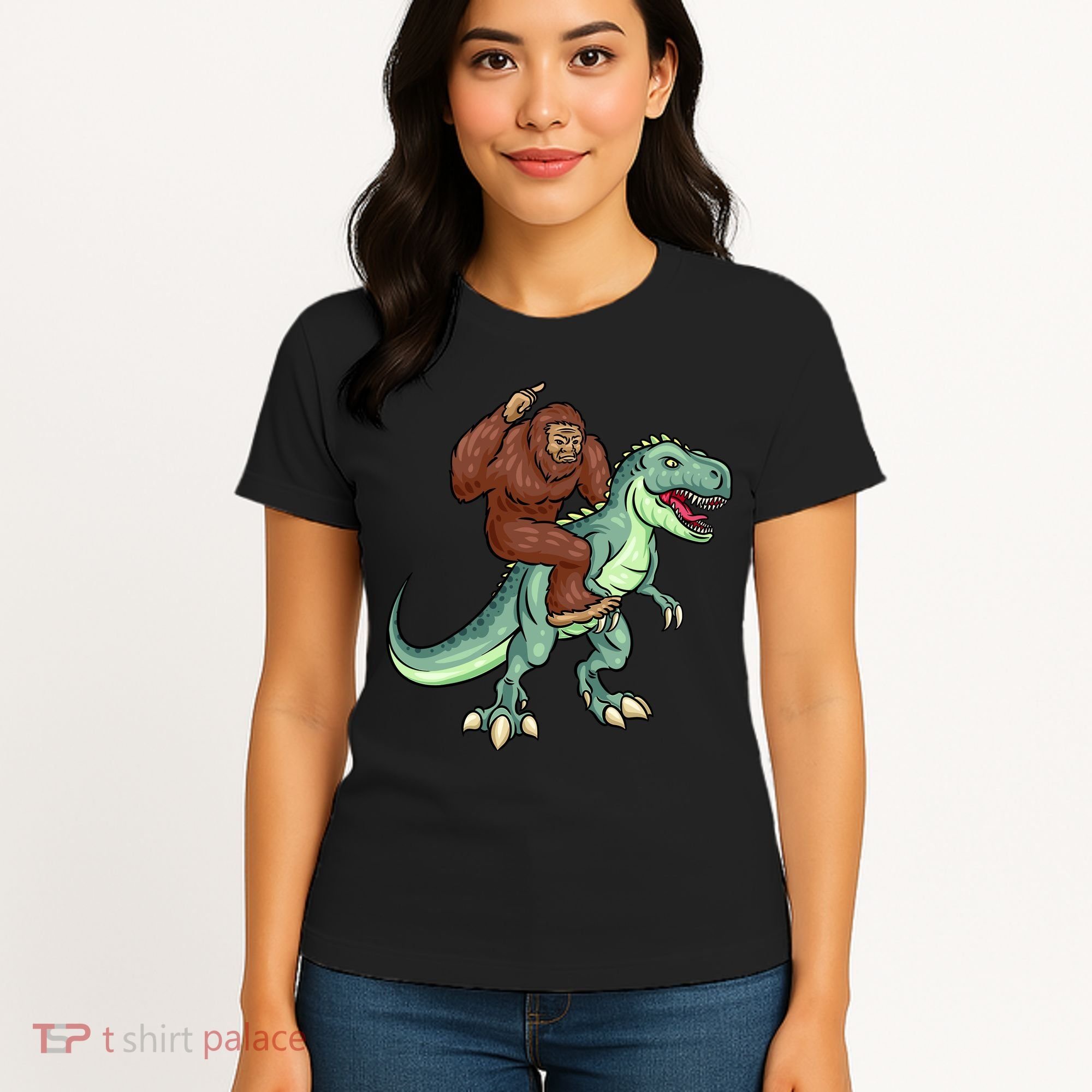 Funny Bigfoot Riding T Rex Funny Bigfoot Dinosaur Women's T-Shirt