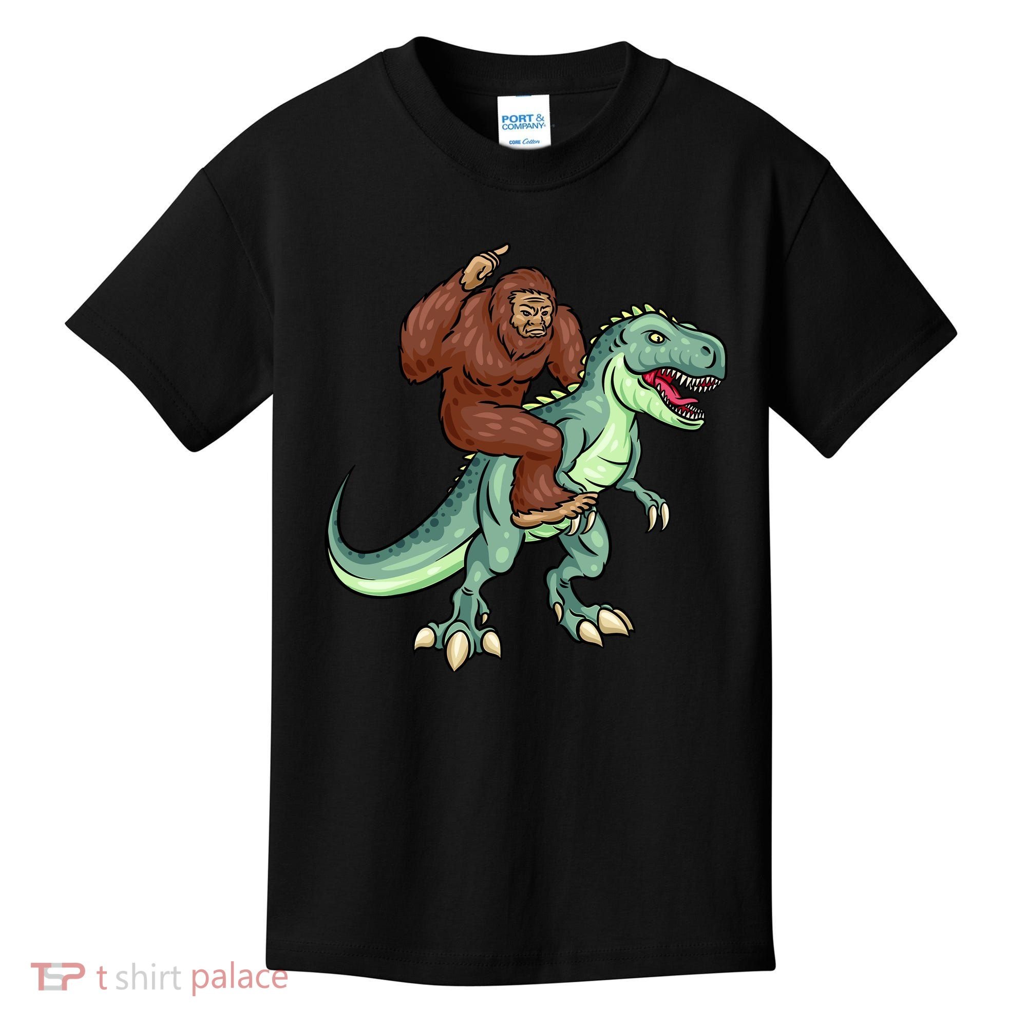 Funny Bigfoot Riding T Rex Funny Bigfoot Dinosaur Kids T-Shirt